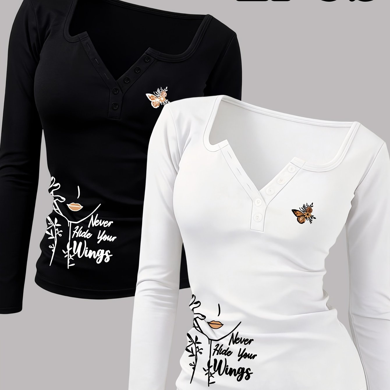 TEMU 2pcs Women's Hot Outfit With Letter And Print, Sexy Round Neck Long Sleeve T-shirt With Buttons, Revealing