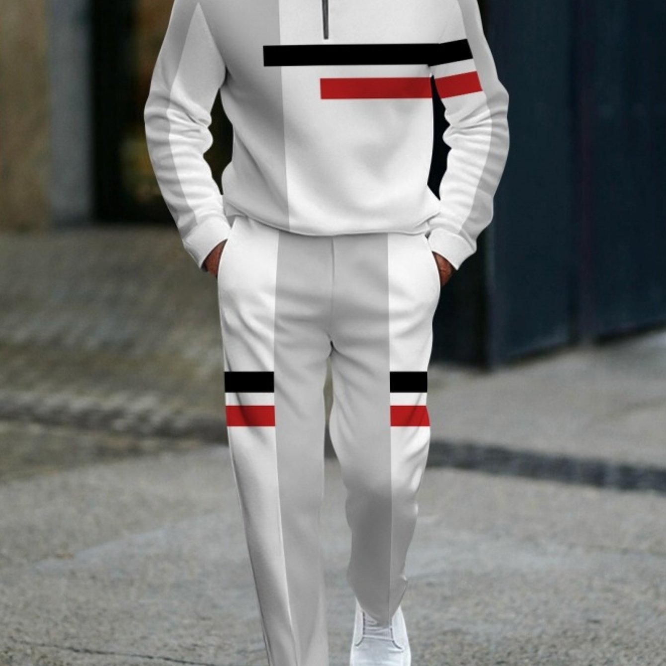 Image of Half Zip Up Men's Style Trendy 3d Printed 2pcs Tracksuit With Black Red Pattern On Chest Sleeves And Pants Men's Wear For Adults Men Casual Wear Sportswear