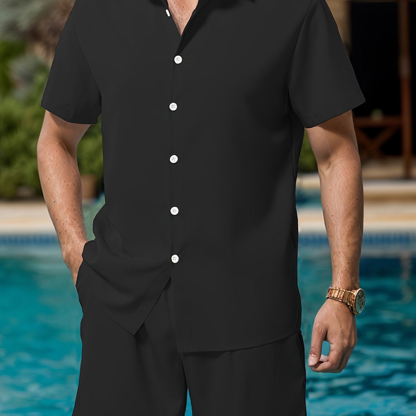 TEMU Men's Outfit, Solid Lapel Short Sleeve Button Up Shirt & Drawstring Shorts 2-piece Set For Summer Outdoor Activities