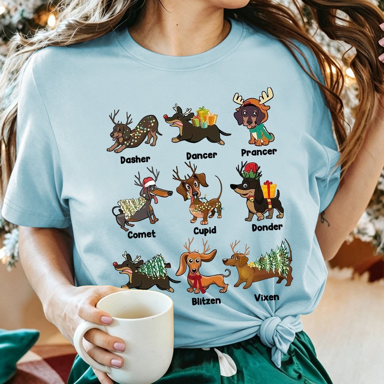 TEMU Christmas Holiday Apparel Women's Party Gift 9 Reindeer Dachshund Print Crew Neck Short Sleeve T-shirt, , Versatile For Summer And Autumn Daily
