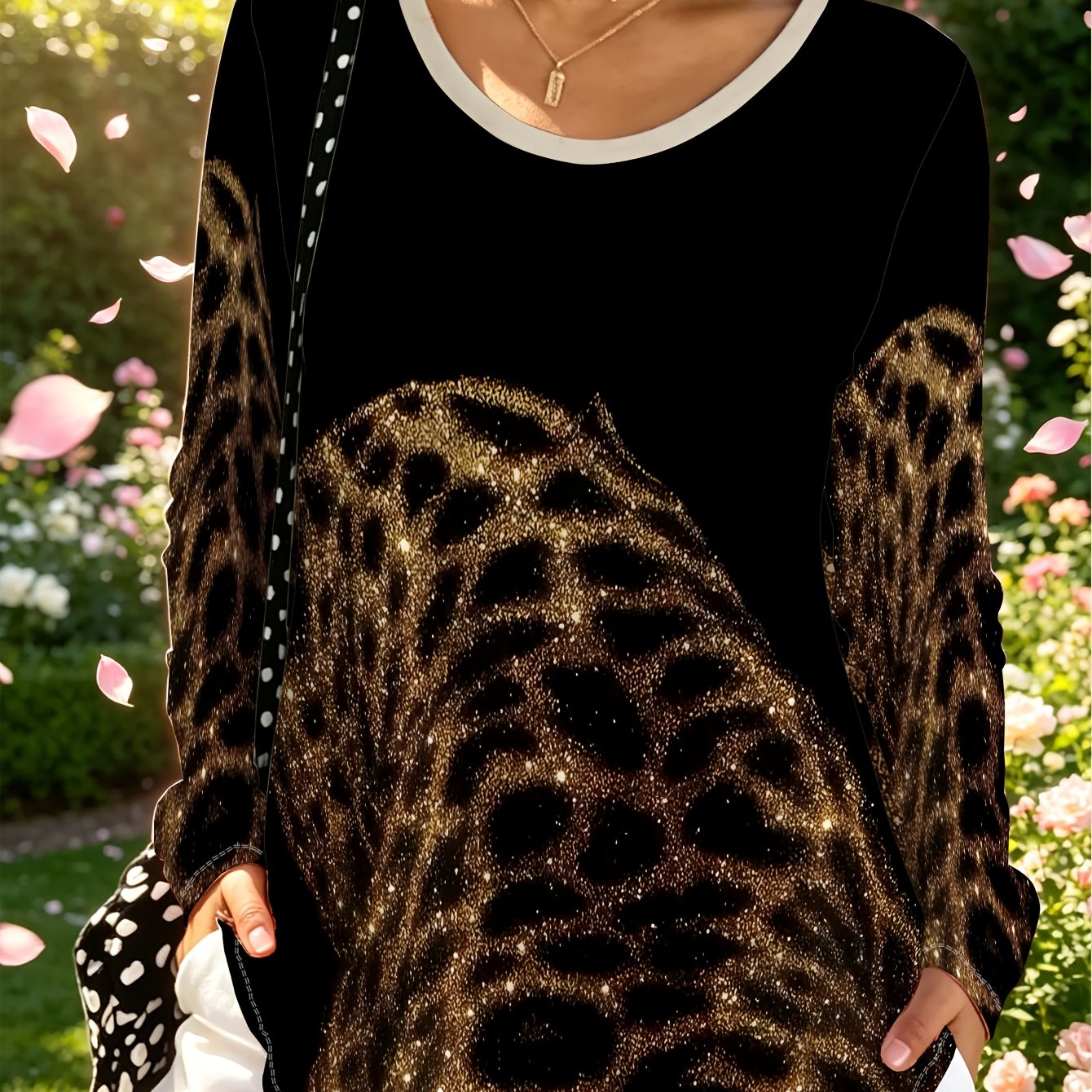 TEMU Plus Size Casual Women's Leopard Printed Long Sleeve, Women's Loose Round Neck Pullover T-shirt, Fall Winter Versatile Top