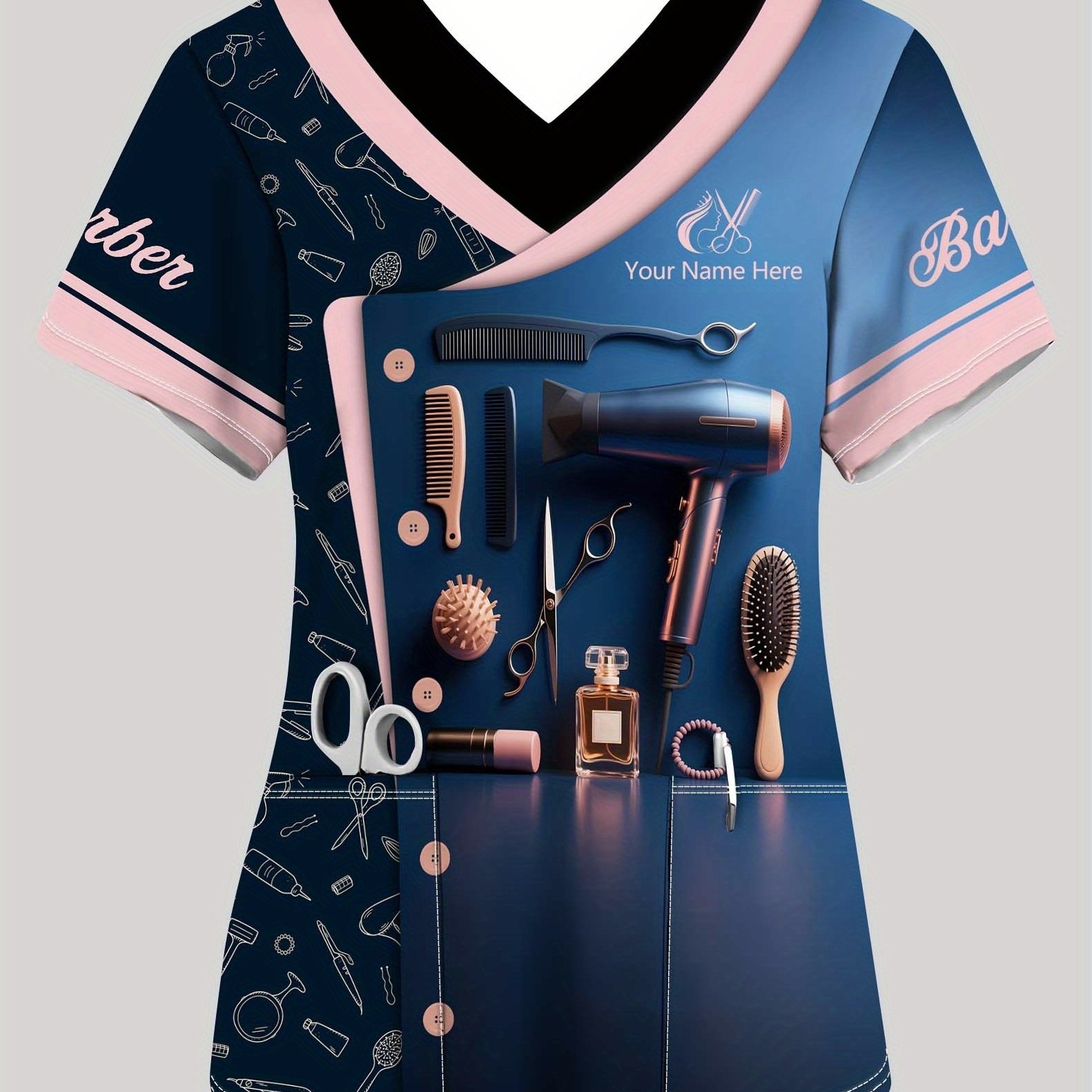 TEMU Custom Name Personalized Hairdresser Work Uniform T-shirt, Casual And Comfortable Women's Clothing With Pockets, Personalized Name Printed