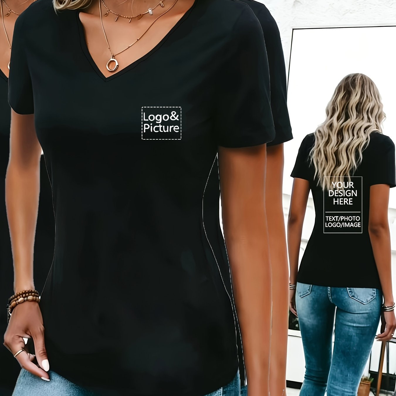 TEMU 3pcs Women's Casual Sporty V-neck T-shirt | Custom Front Chest Print T-shirt | Fashionable Body-hugging T-shirt | Women's Regular Shoulder Short