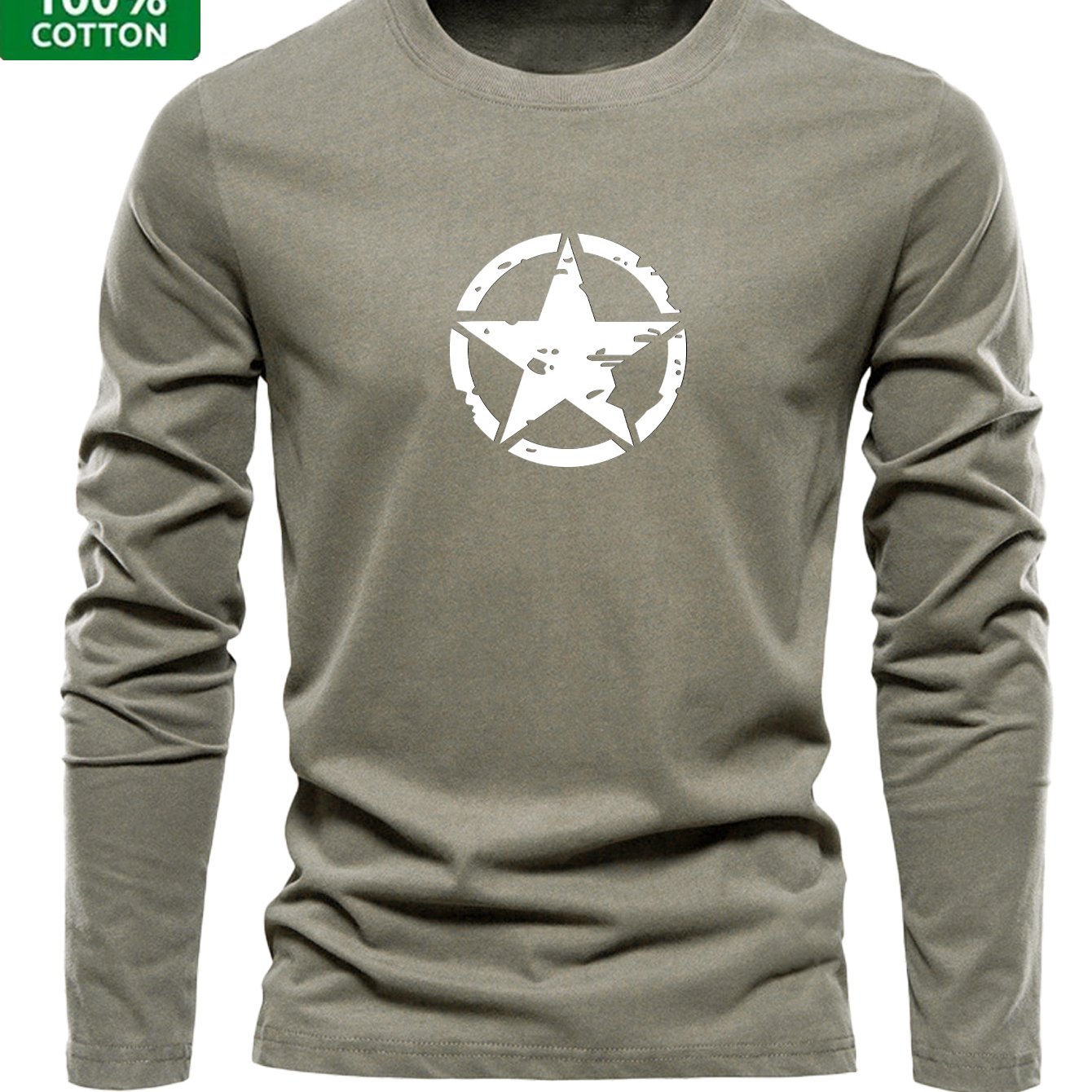 Image of Men's 100% Cotton Long Sleeve T-shirt With Lettering & Patchable Applique Suitable For Casual Streetwear, Crew Neck Regular Fit Spring/fall Outdoor Blouse Style Top (hand Washable)