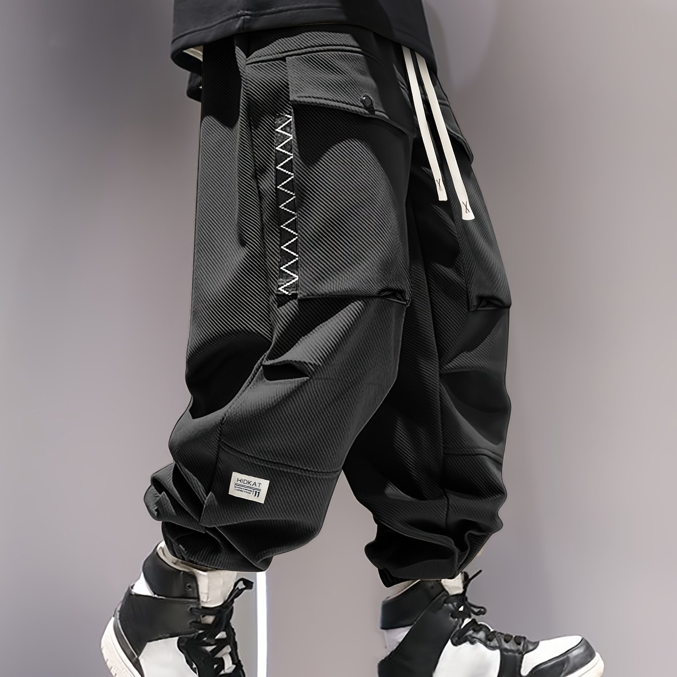 Image of Men's Knitted Twill Casual Cargo Pants With Drawstring Waist And Flap Large Pockets, Suitable For Daily Wear