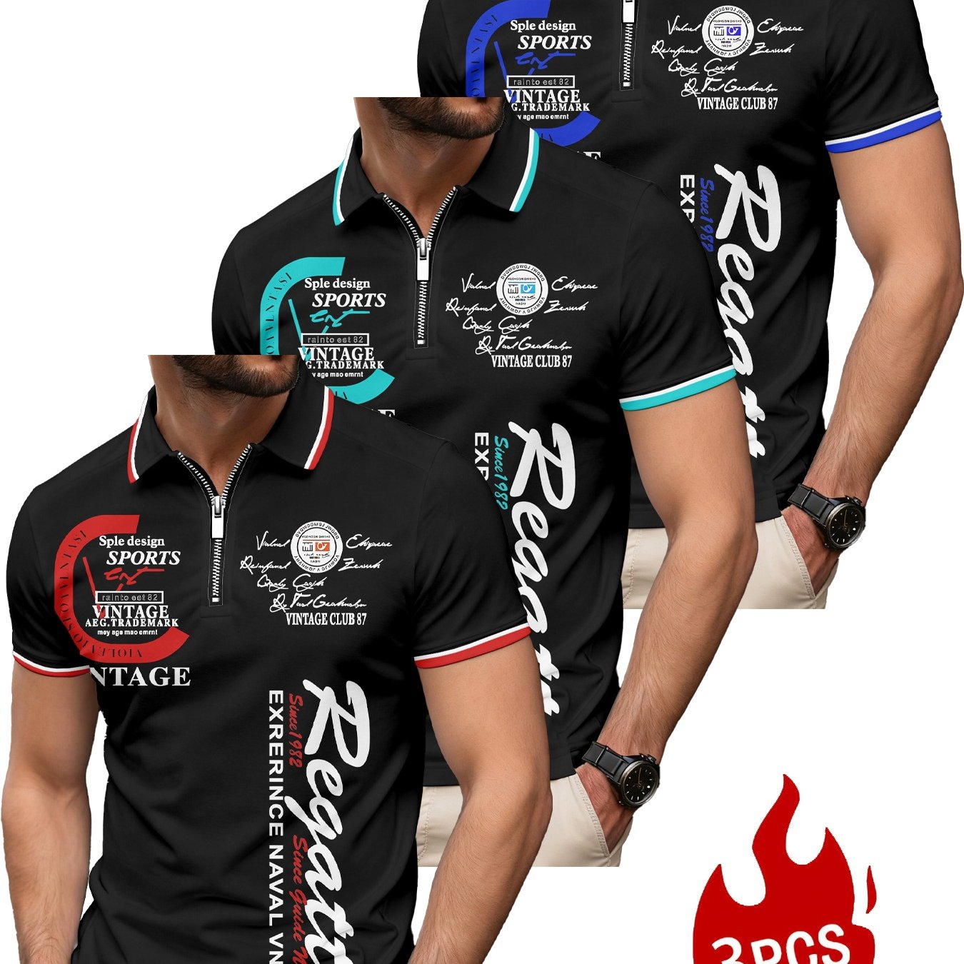 3pcs Men's Full-body Summer Short Sleeve Zipper Shirt