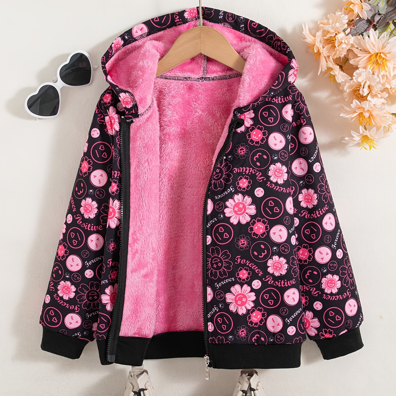 Image of Xuan Yu Si Xiangming Girls' Casual Daily Print Cartoon Pattern Zipper Long Sleeve Hooded Jacket Coat Fleece Winter Autumn