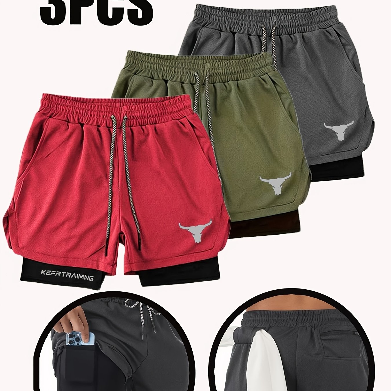 TEMU [Shule Water OBM] Conjunto de 3 pantalones cortos deportivos para hombre, transpirables, de capa con bolsillos para teléfono, esenciales para