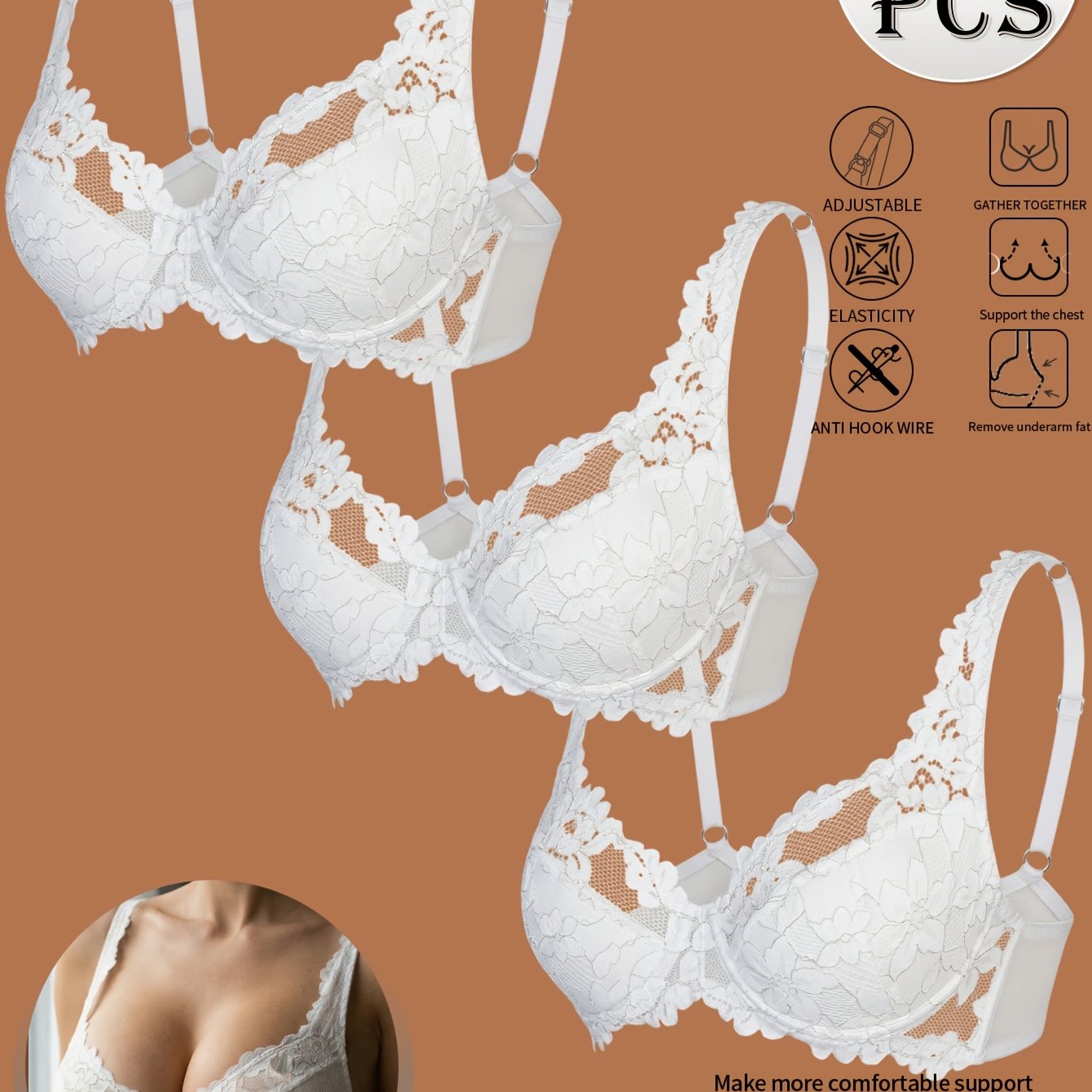 3pcs -pulling Bra With Steel Rings For Shaping, Side- Design, Anti-exposure Feature, Romantic-themed Bra With Thin Cup And Pad