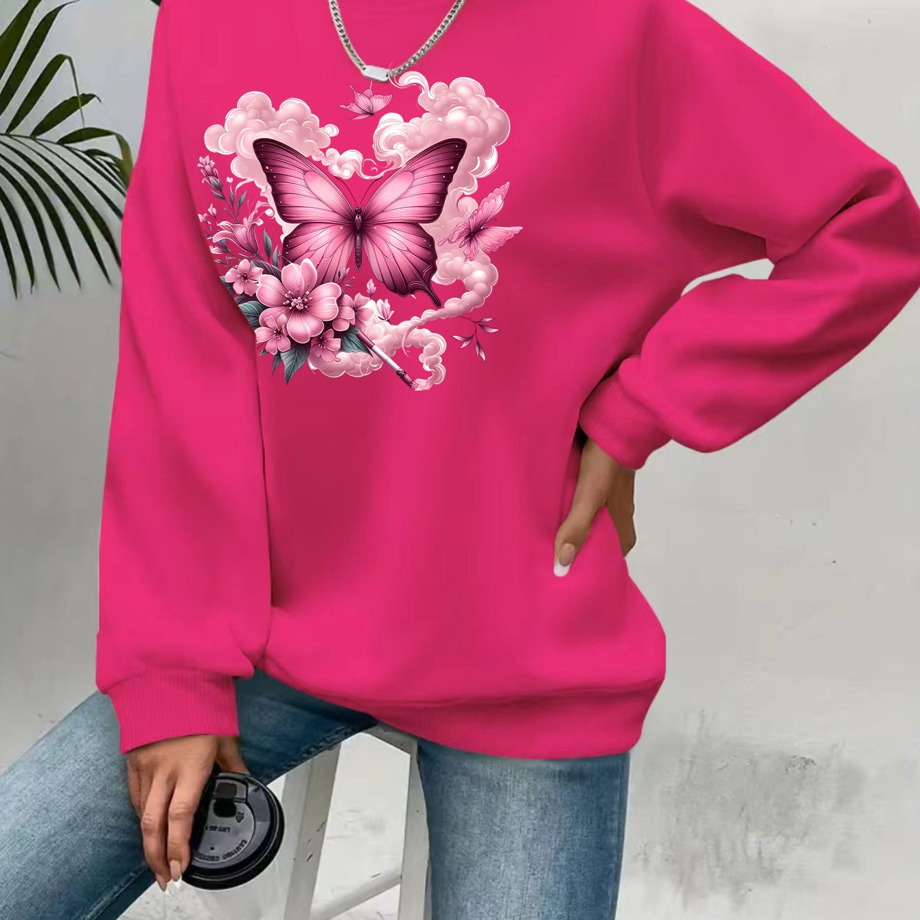 TEMU Comfortable Popular Pink-purple Flower Round-neck Sweatshirt - Soft And Casual Long Sleeves, Suitable For Women' Wear , Autumn, And Winter