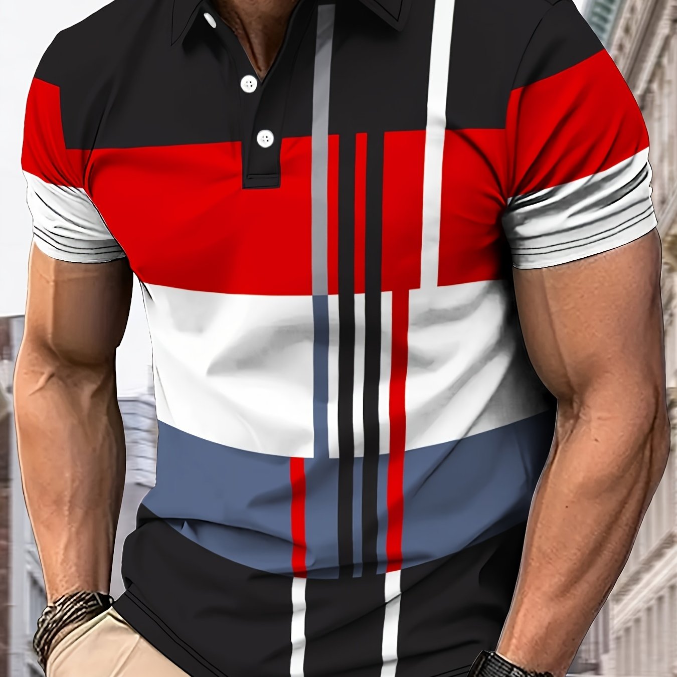 TEMU Men's Color Blocking Short Sleeve Lapel T-shirt For Summer, Casual Stylish Golf Shirt As Gift