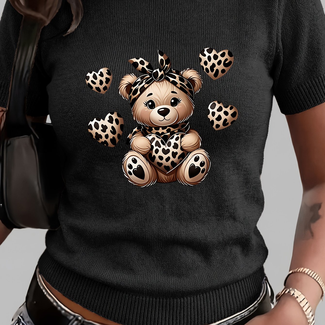 TEMU Women's Fashion Casual Round Neck Short Sleeve T-shirt, Leopard Print Illustration , Easy All-match Top, Soft Comfortable Fabric