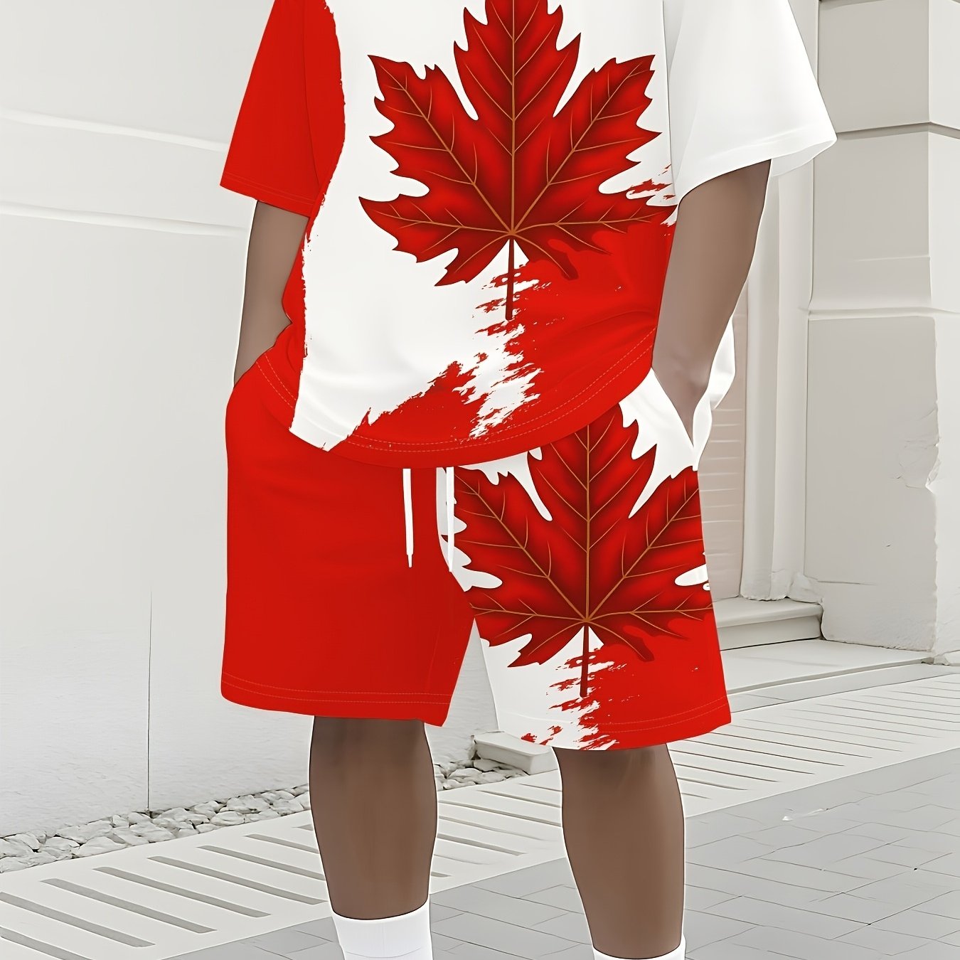 TEMU Ensemble 2 pièces pour homme été avec t-shirt à manches courtes et short à imprimé feuille d'érable, vêtement de sport décontracté tendance,