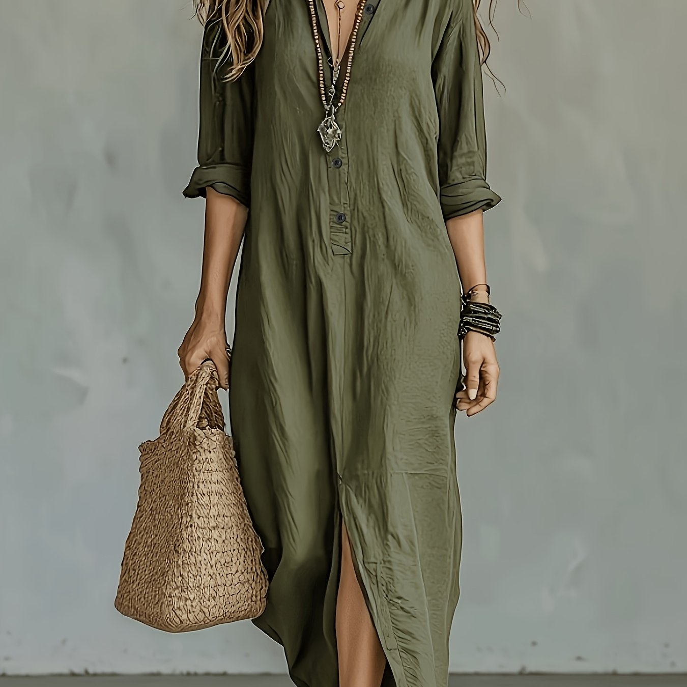 TEMU Chemise longue bohème pour femmes, printemps, été, automne, couleur unie, col semi-ouvert, revers, style décontracté boutonnée, robe chemise à
