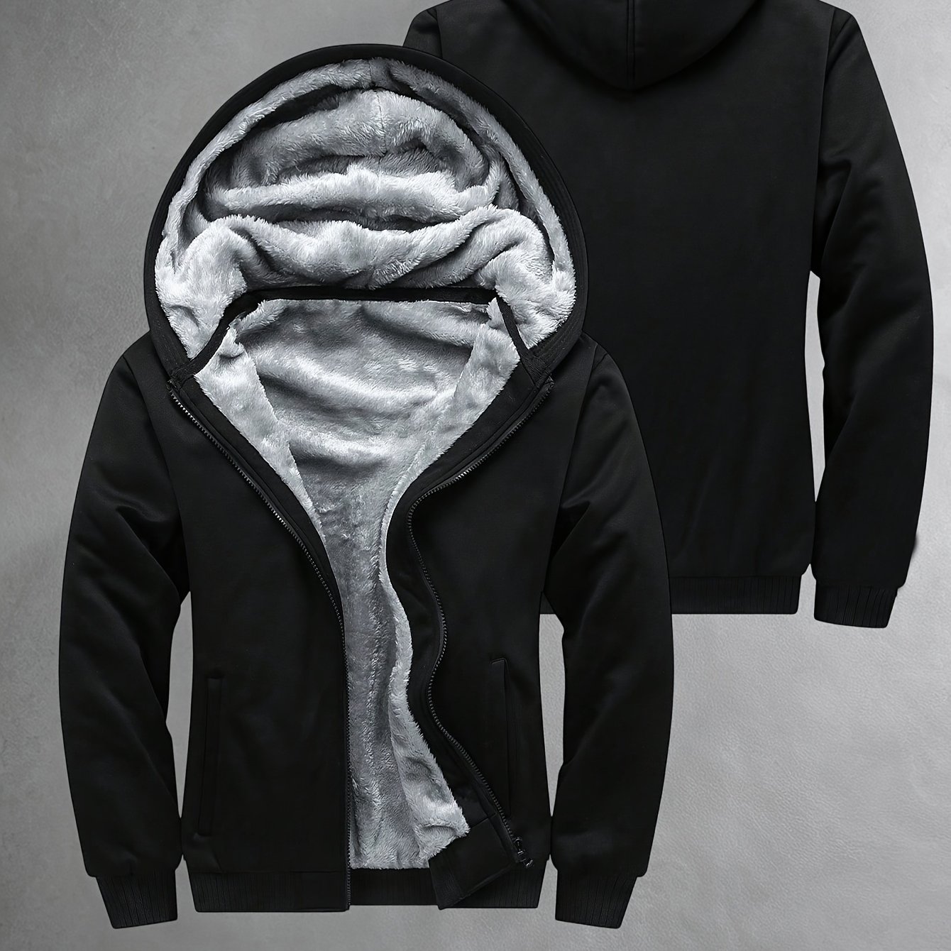 TEMU [] Men's Plus Size Black Plush Fleece Lined Hooded Jacket, Thermal Full Zip Winter Coat With Side Pockets And Ribbed Cuffs For Casual Work,