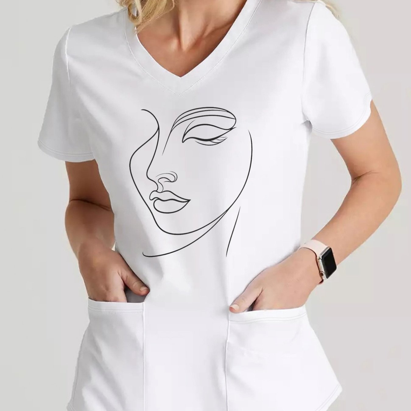 TEMU Women's Fashion Short Sleeve Top, Abstract Art, Minimal Linesprinted Casual Comfortable Nurse Uniform With Pockets