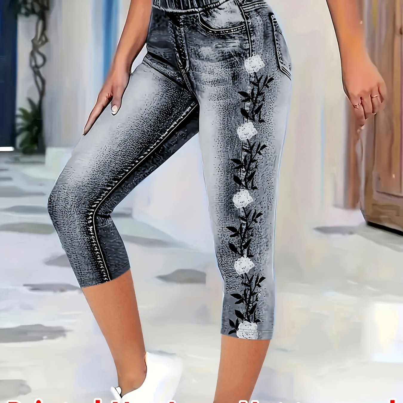 [printed Leggings - Not Denim Fabric]women'-quarter Leggings With A Denim Print, Designed As Fitted Pants