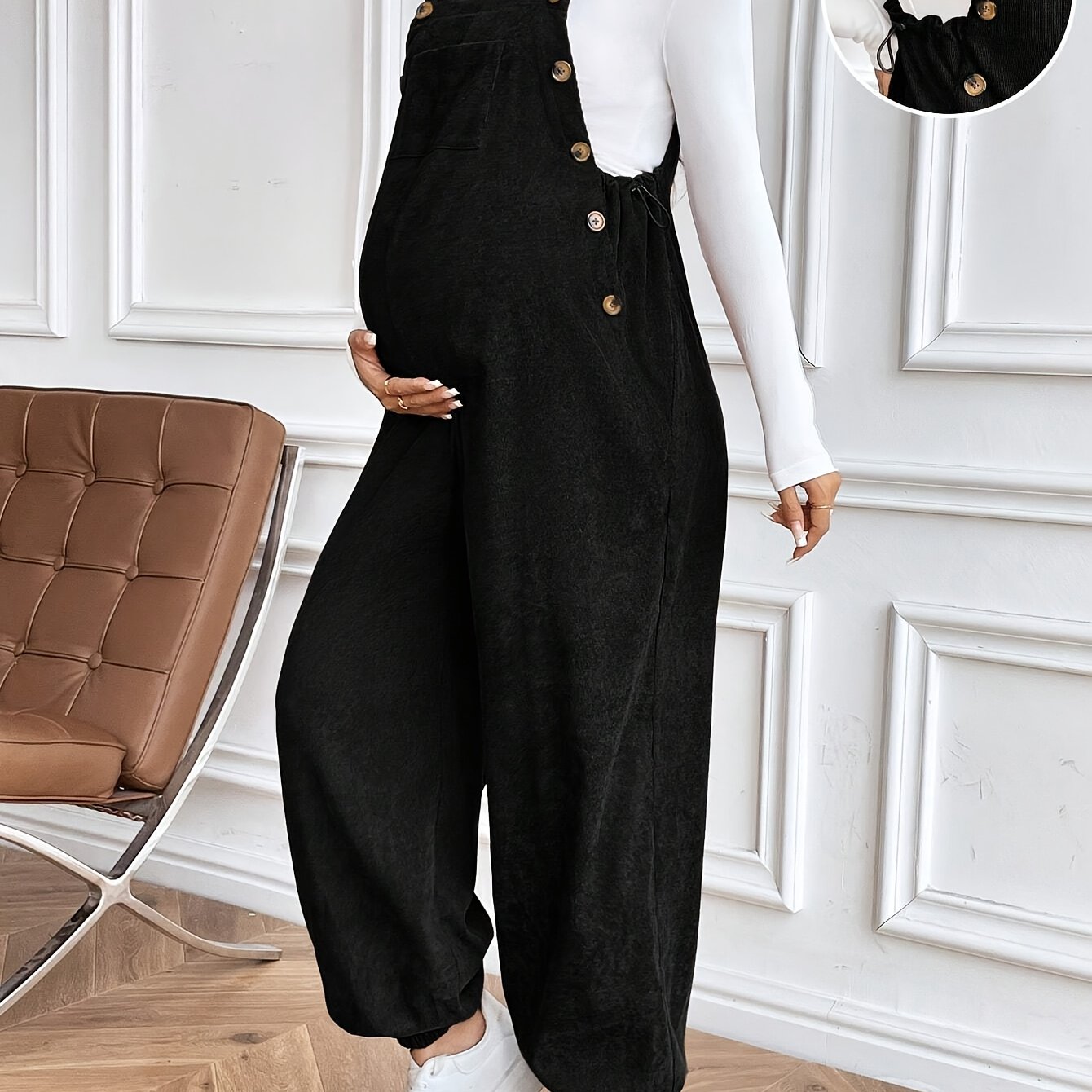 TEMU Casual Maternity Overalls Corduroy Jumpsuit With Adjustable Waist For Daily