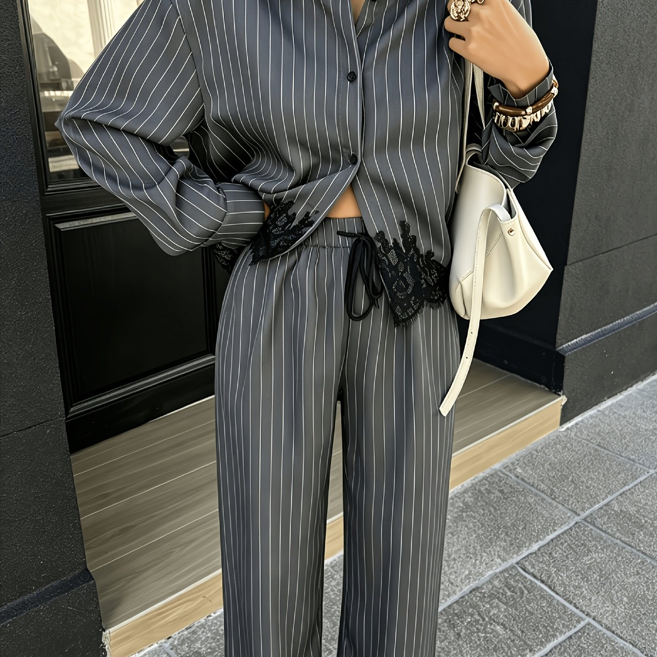 TEMU Lightly Mature Style Gray Thin Stripe Lace Trim Shirt And Shorts Set With Irregular Lace Hem, Loose Lapel Long-sleeve Top, And Elastic Waist