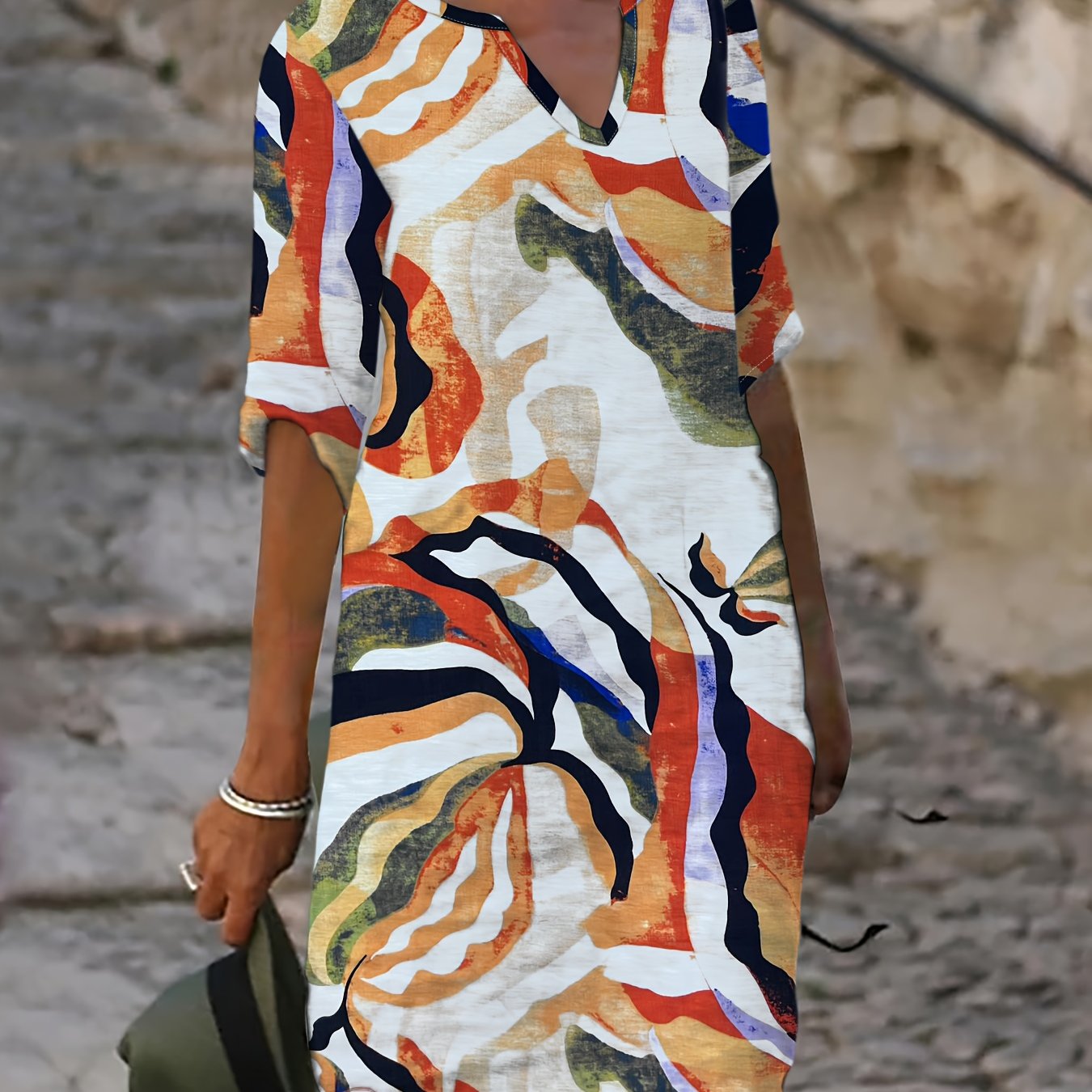 womens spring autumn casual vacation printed v neck short sleeve dress