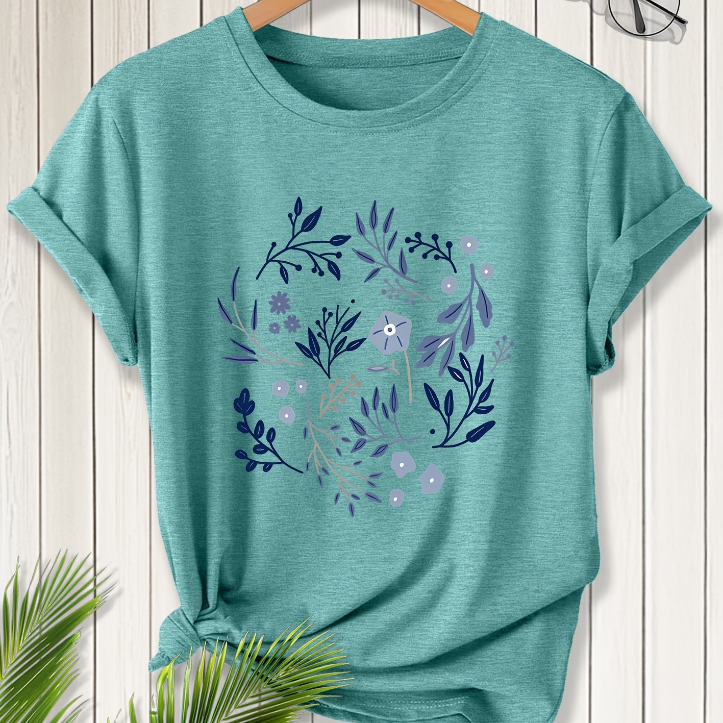 TEMU A Vintage-style Short-sleeve T-shirt With Floral Print, Featuring A Round Neck And A Loose Fit, Elegant Parties And Casual Wear In And Summer Of