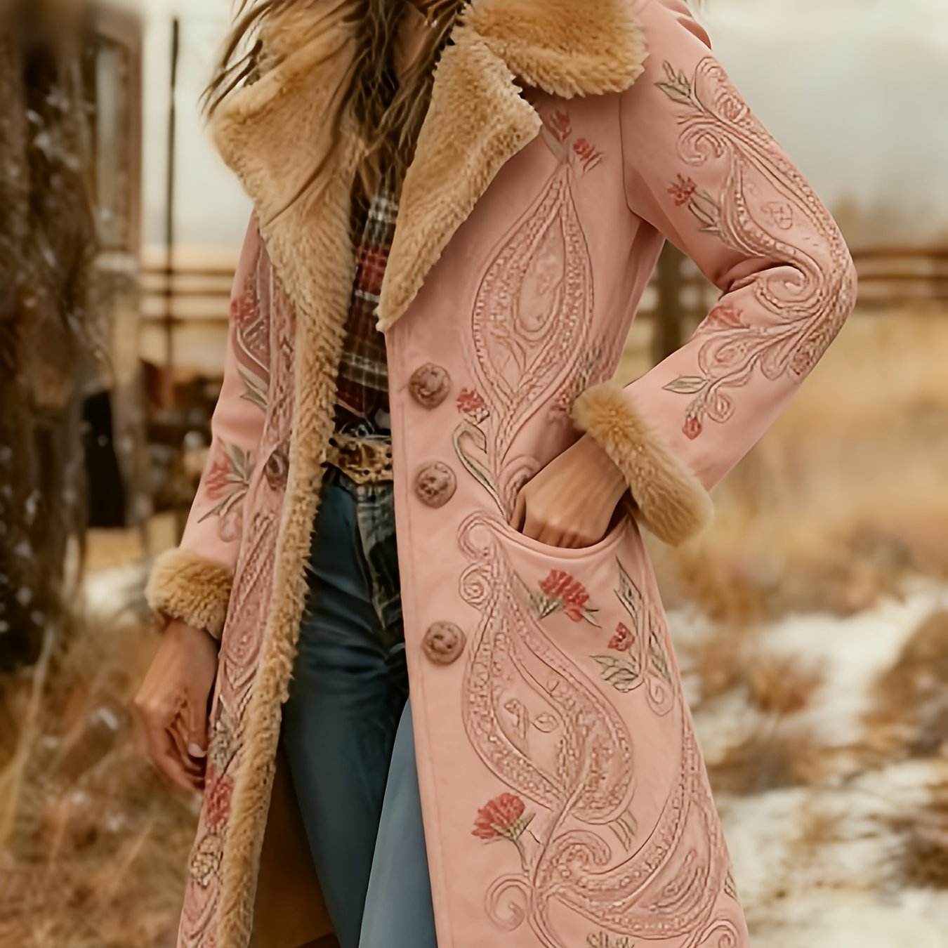 Printed Design Not Textured Ladies' Western Retro Style Autumn And Winter Warm Long-sleeved Retro Printed Jacket Coat - Western Printed Jacket Lapel Coat