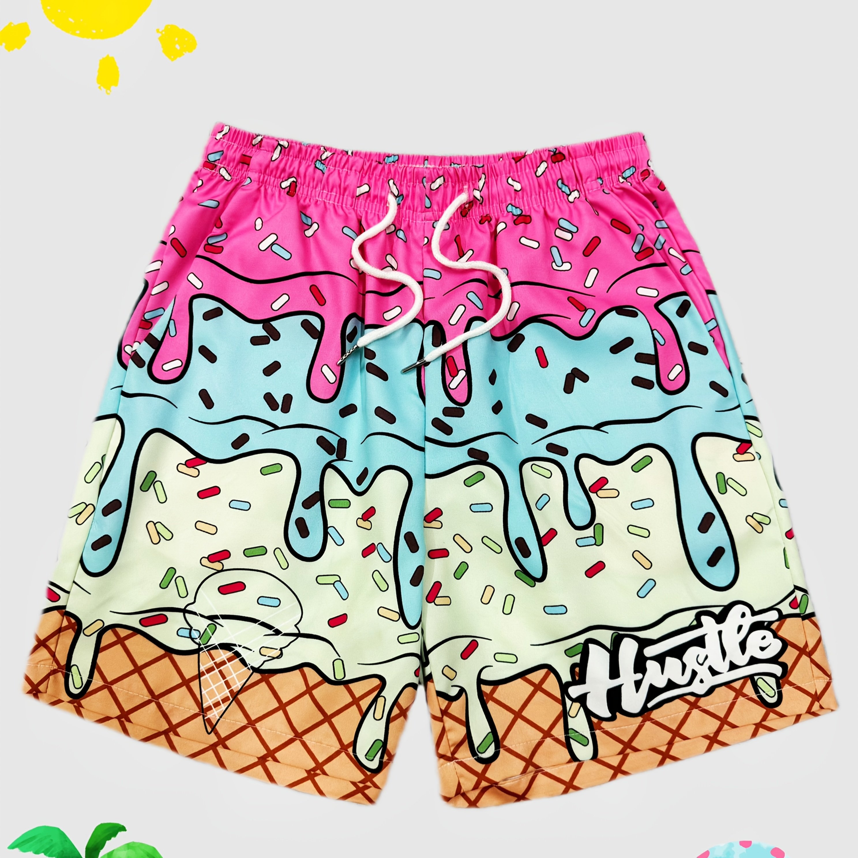 Men's Casual Beach Shorts With Vibrant Geometric Ice Print - Adjustable Drawstring Waist, Lightweight Non-stretch Fabric For Summer Poolside & Outdoor Activities, Pattern | Opaque Material