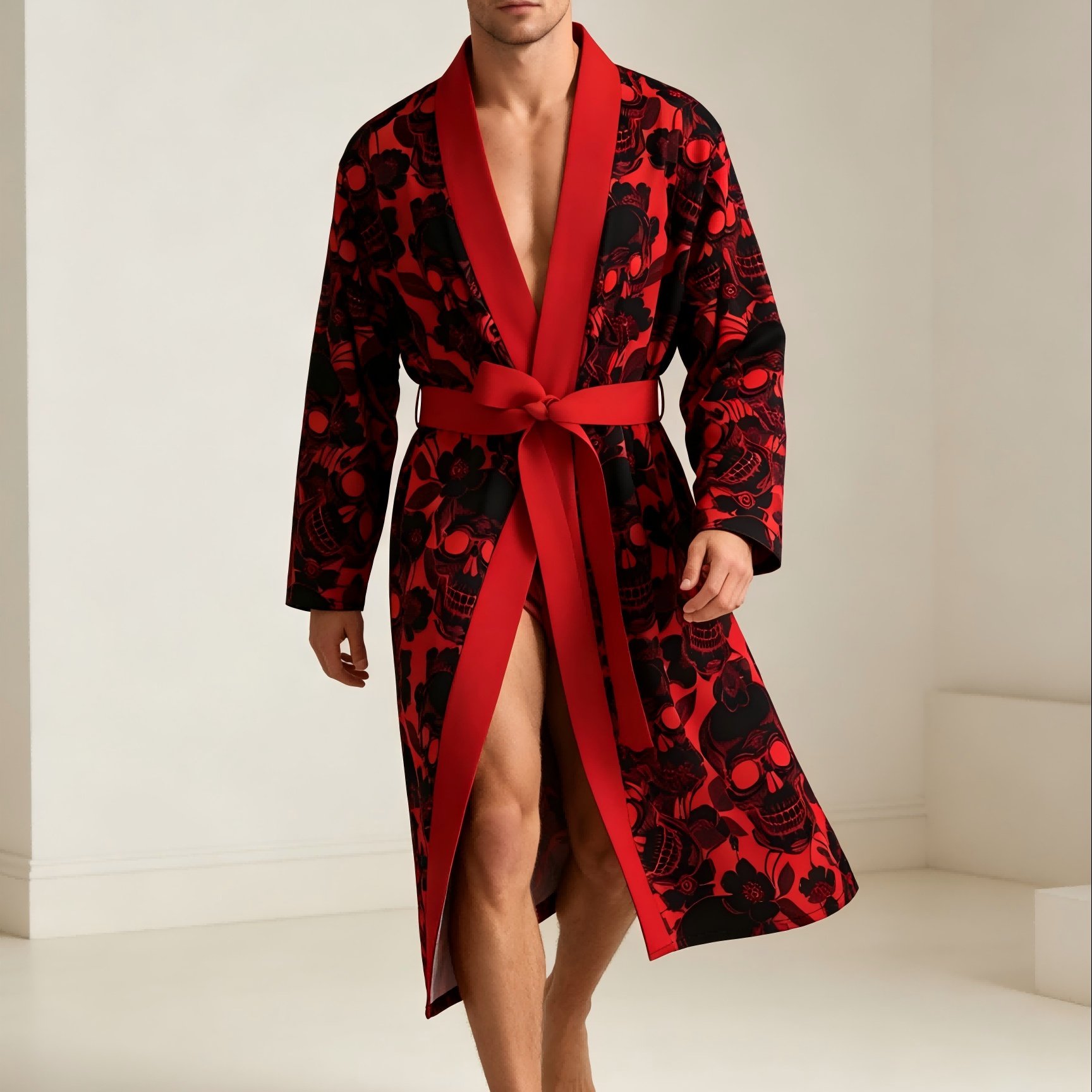 TEMU Spring/autumn Lightweight Skin-friendly Men's Nightgown With Print, Fade-resistant Long Sleeve Robe For