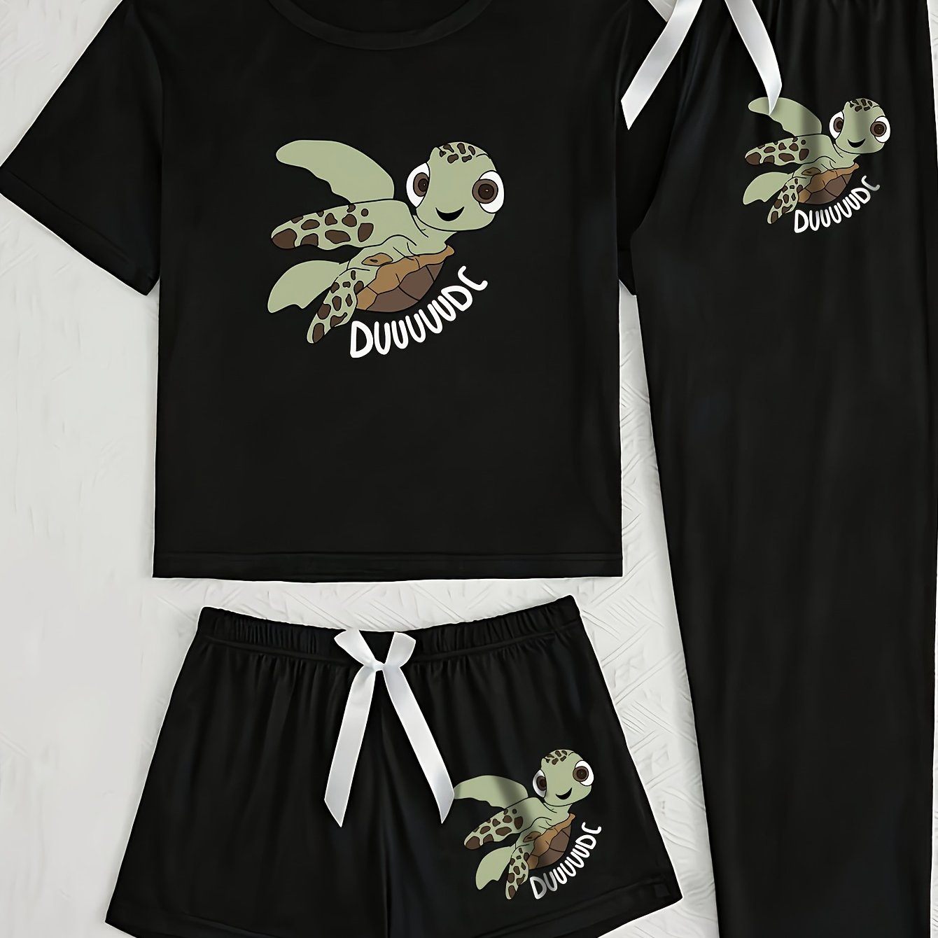 E-shop Damen 3-teiliger Pyjama-Set - Niedliche Meeresschildkröten- & Dory-inspirierte Pyjamas (Schlafanzug) mit Shorts, T-Shirt & Hose - Weiches