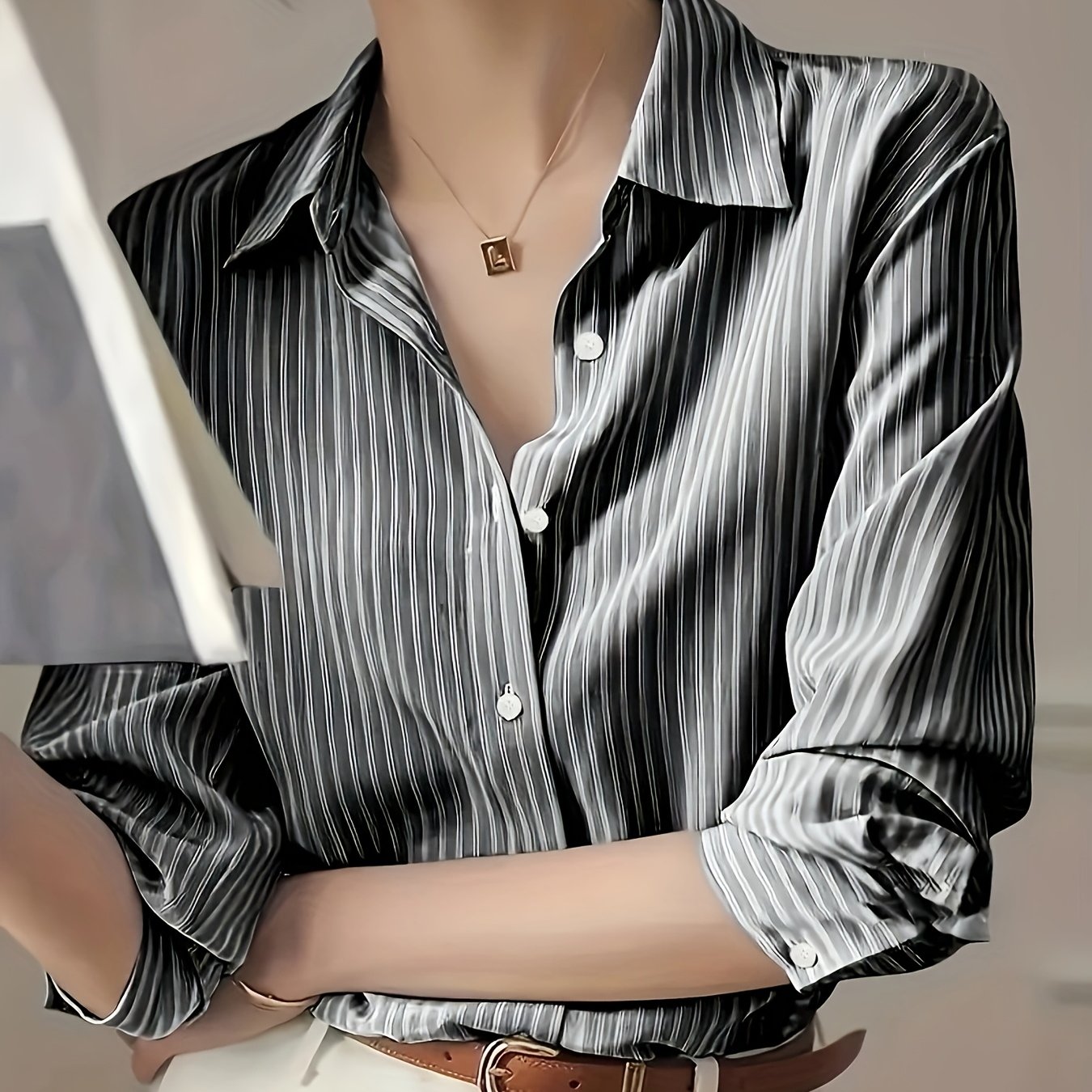 TEMU Elegant Striped Women's Button- Shirt - Long Sleeve, Loose Fit, Polyester, Casual To Formal, Perfect For Spring And Autumn, Classic Collar