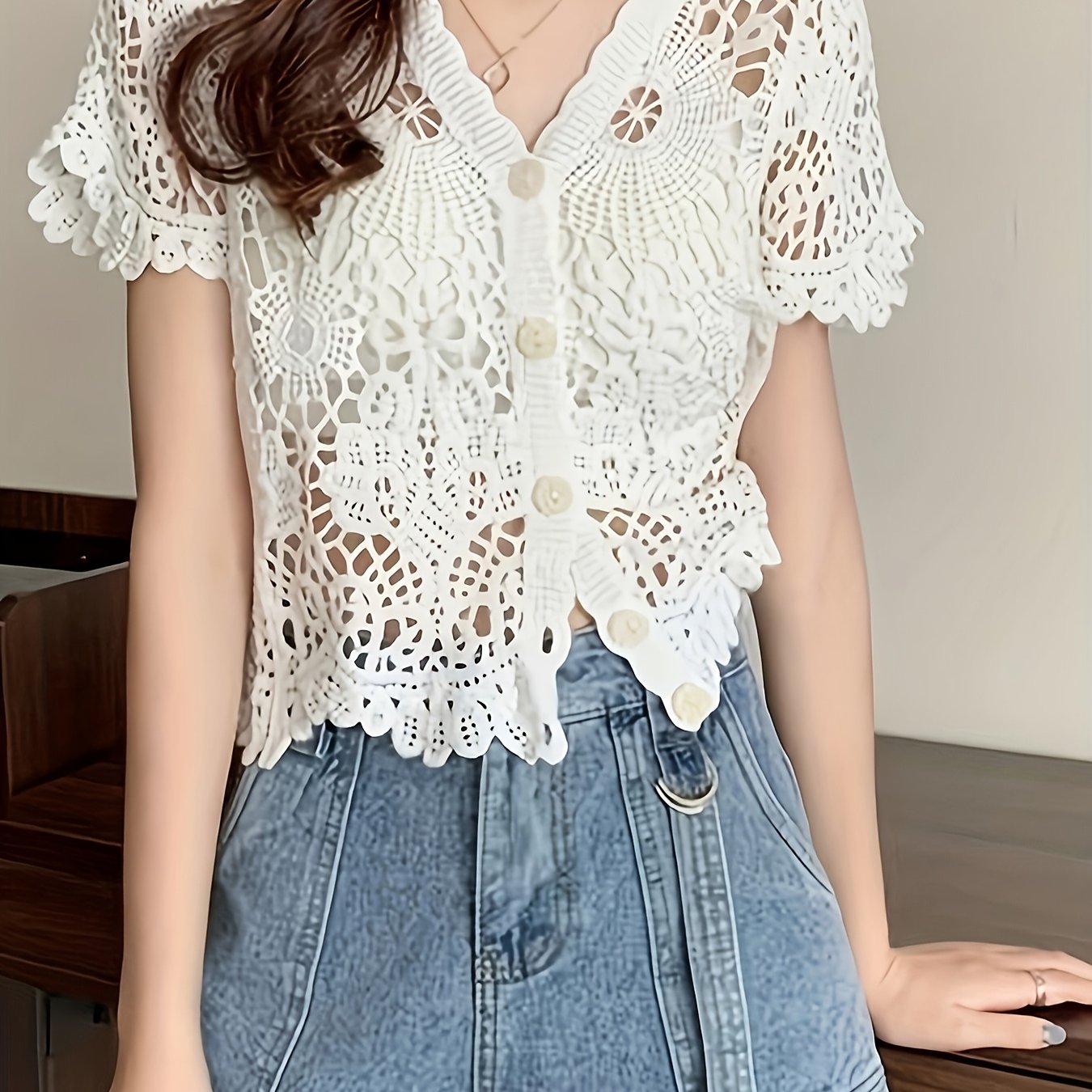 TEMU 透かし編み 半袖カーディガン レディース 夏用 薄手 日焼け止めシャツ ルーズ ハイネック ハイウエスト おしゃれなトップス おしゃれで万能
