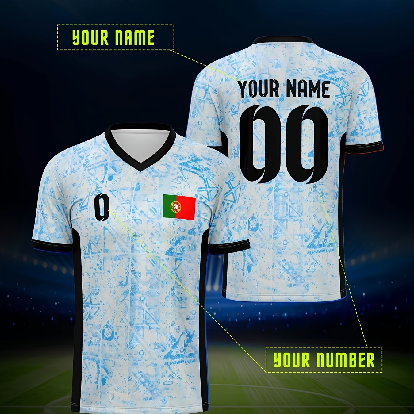 TEMU Customizable Men's V-neck Football Jersey- The Portuguese Flag, Personalized With Name And Number, Breathable And Comfortable, Essential For