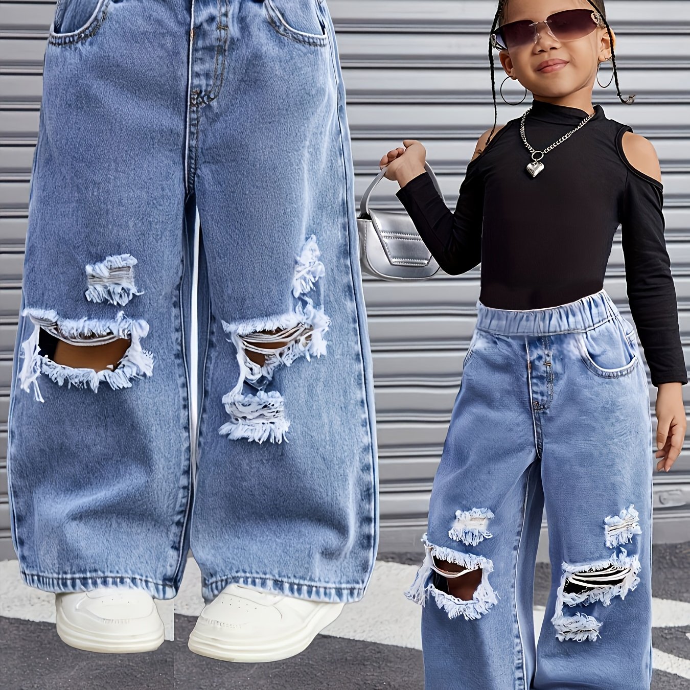 Image of Girls' Distressed Denim Jeans For Casual Summer Fashion, Featuring A Washed Look And Ripped Details