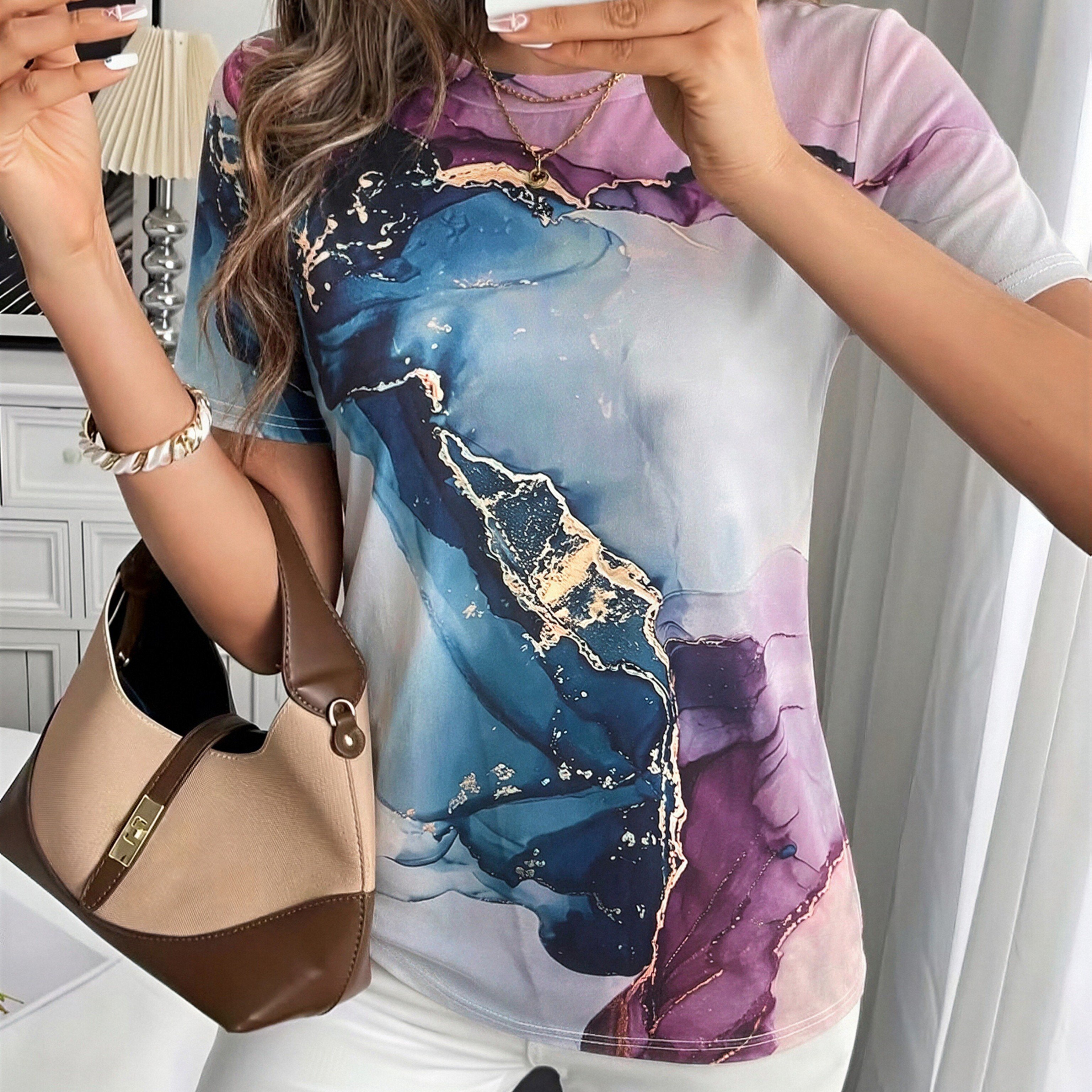 TEMU Women's Casual Short Sleeve T-shirt - Artistic Floral Print, Relaxed Fit, Machine Washable, Spring Summer Fall Versatile Top, Casual Attire |