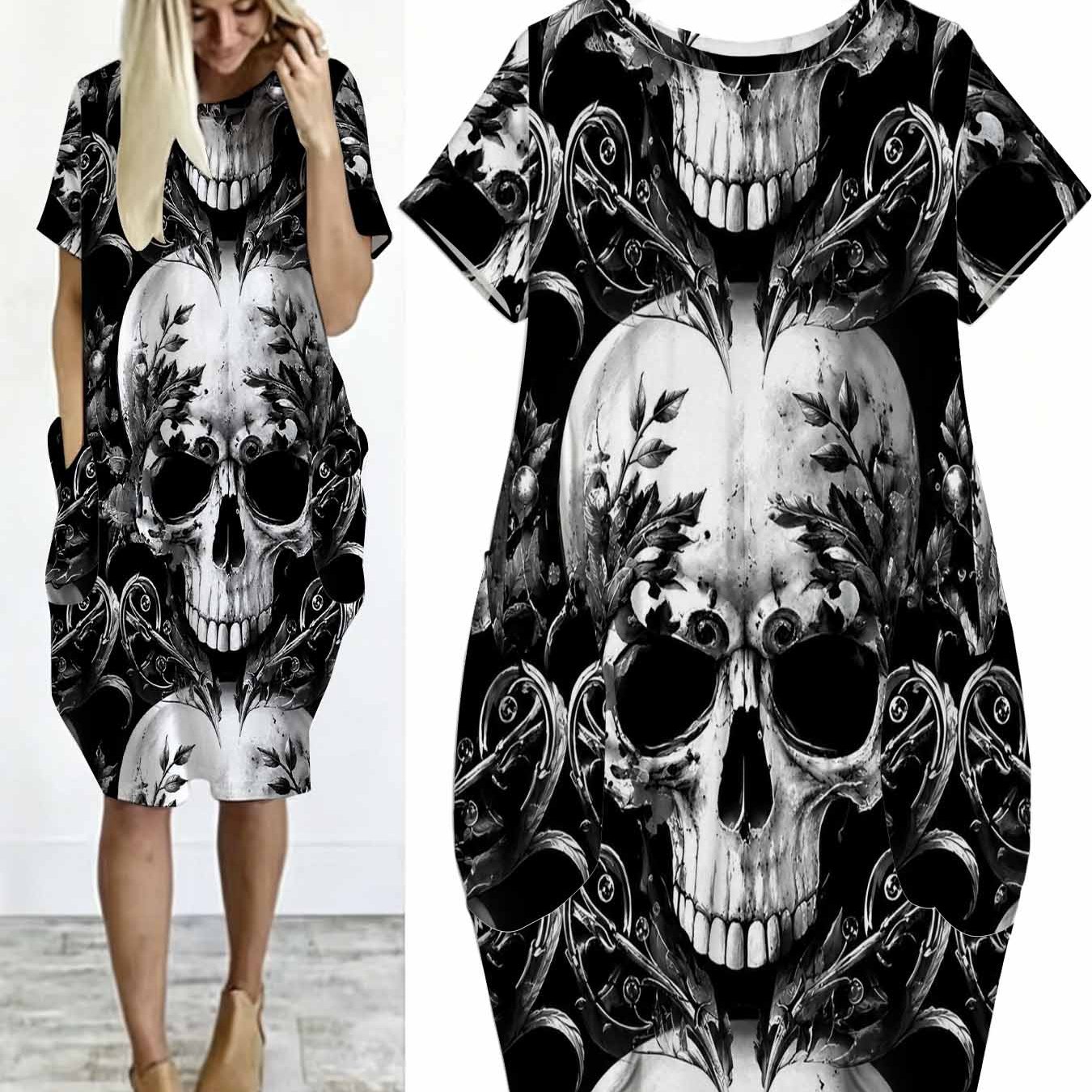 Image of Plus Size Floral Skull Print Tunic Dress. Women's Short Sleeve Round Neck Casual Loose Fabric Midi Dress. Pockets. Loose Colorful Elegant Bohemian Artistic Summer Dress
