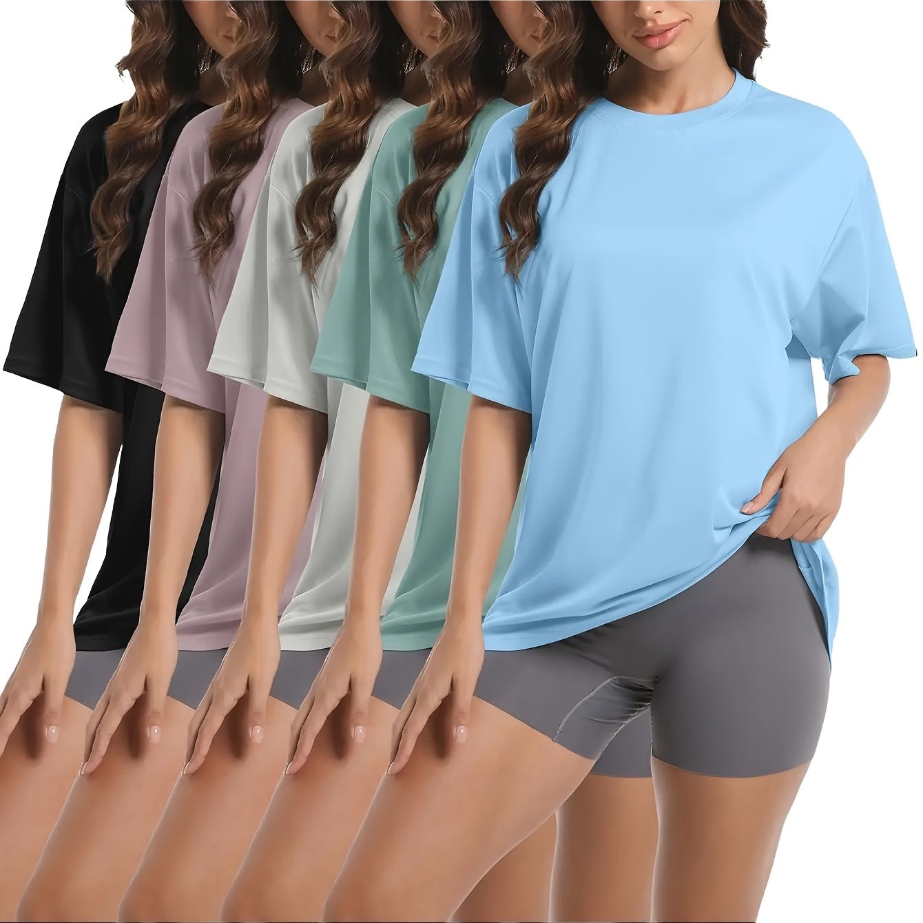 TEMU 5pcs Women's Oversized Solid Color Loose Fit Basic Tops | Breathable, Lightweight, Quick-drying, Short-sleeved T-shirt, Suitable For And Work,