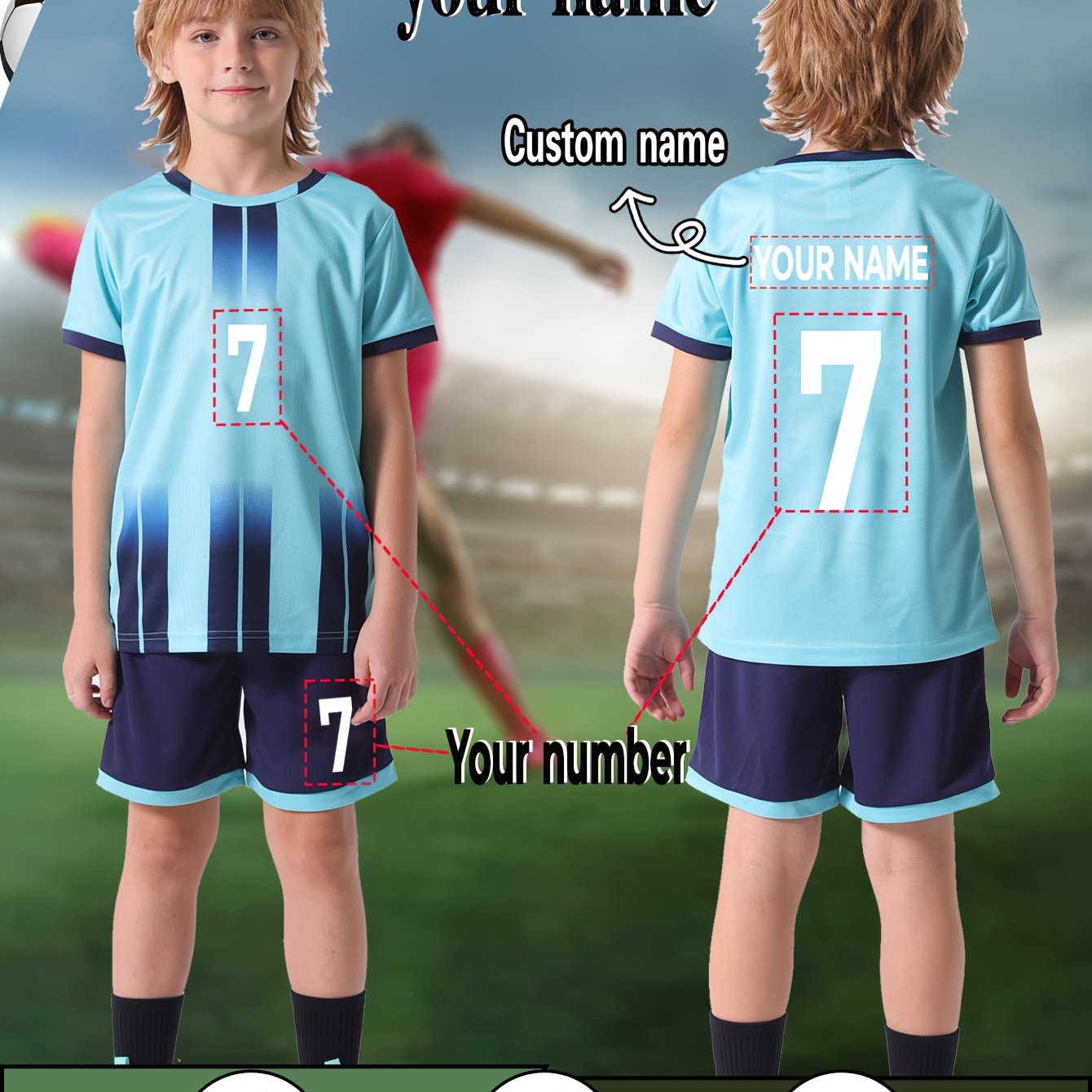 Children's Casual Sports Training Quick-dry Football Jersey Set With Custom Number And Name, Perfect For Outdoor