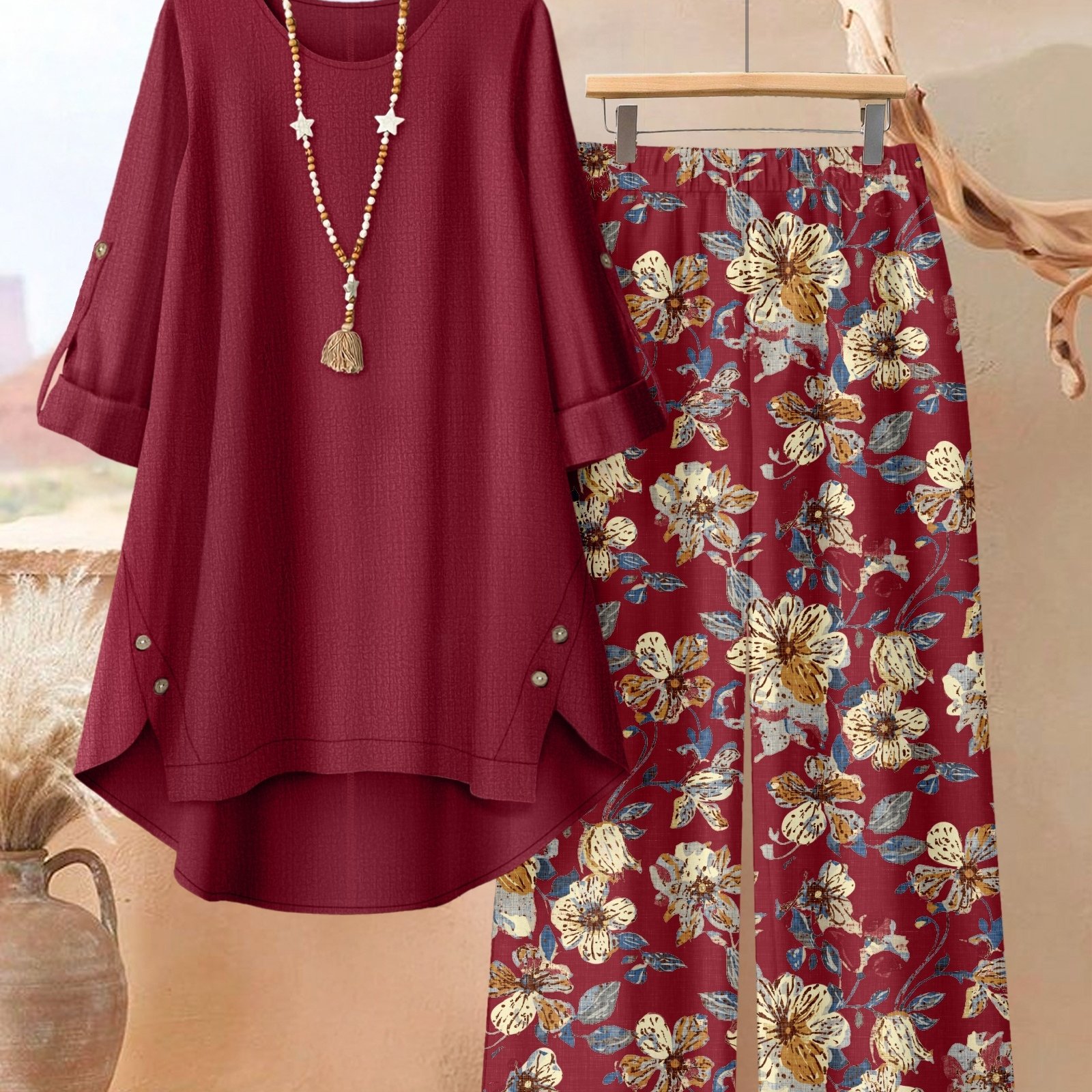 Plus Size, A 2pcs Set Of A Solid-color, Irregularly Hemmed With Floral Printed Trousers, Exuding