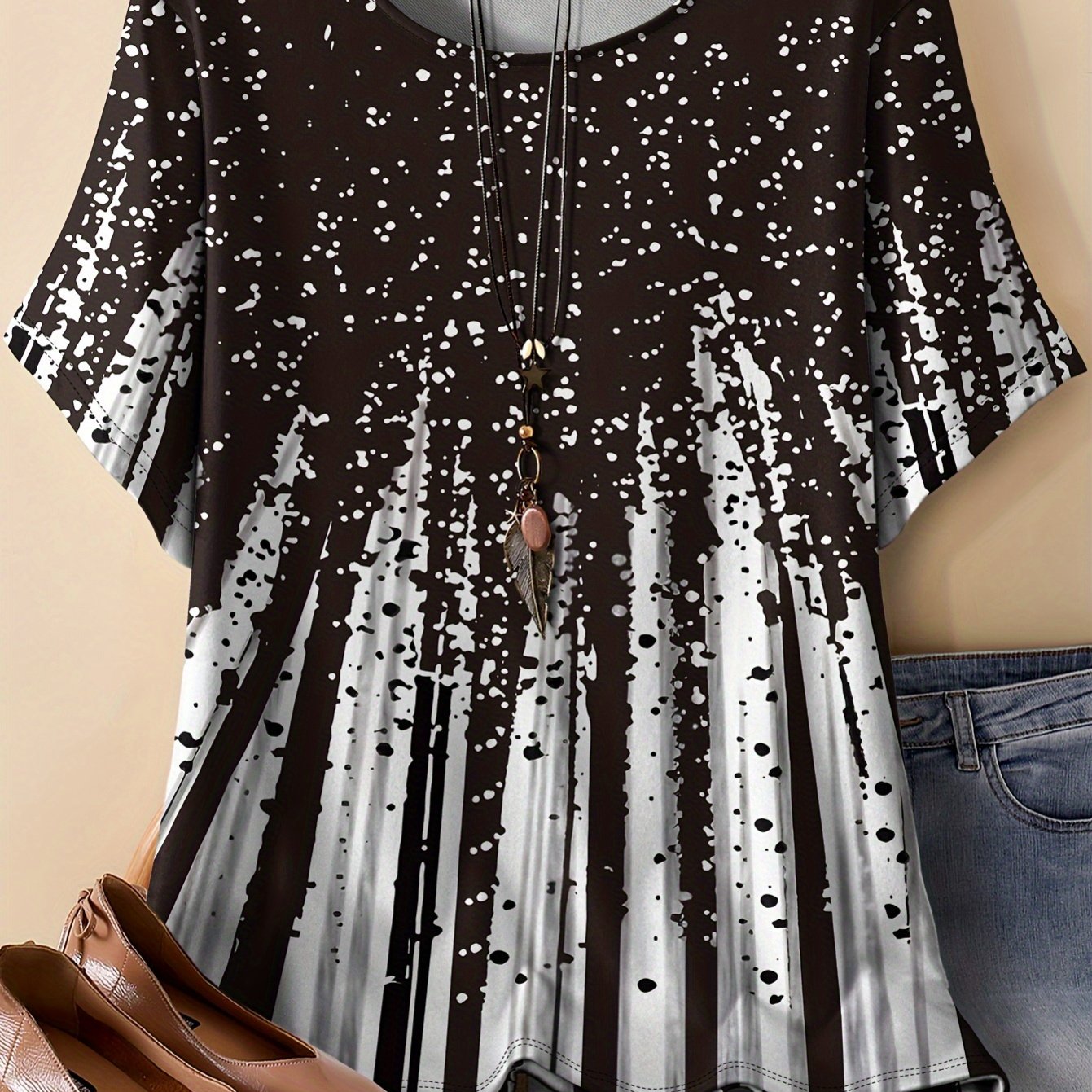 TEMU T-shirt casual da donna taglie forti - Design astratto a righe verticali bianche e nere - Top e traspirante i - Taglie forti adatte alle donne -