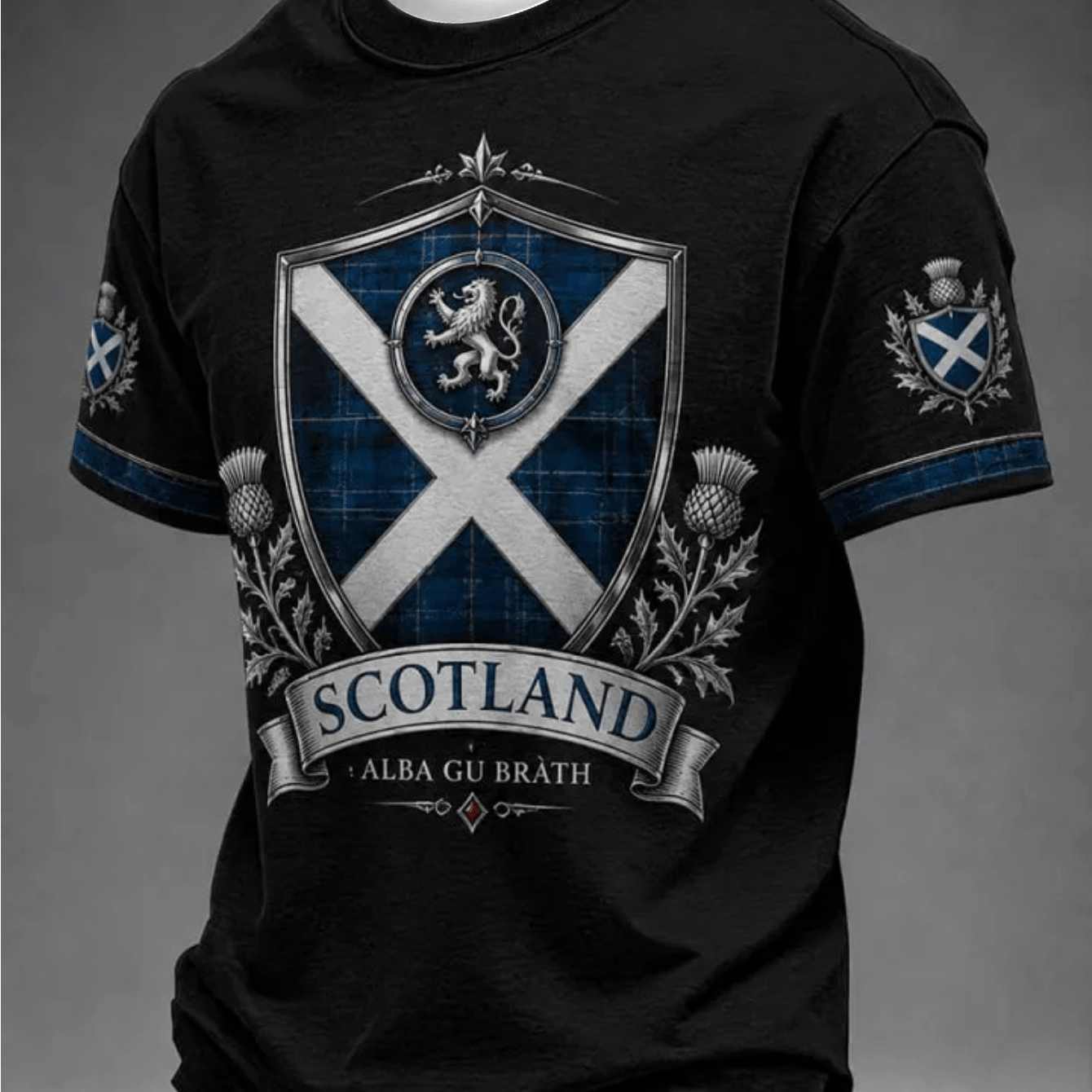 TEMU [printed Design-not Textured] Scottish Lion Daisy Slogan Mesh Round Neck T-shirt, European National Football Fan Jersey, Youth Casual Top,