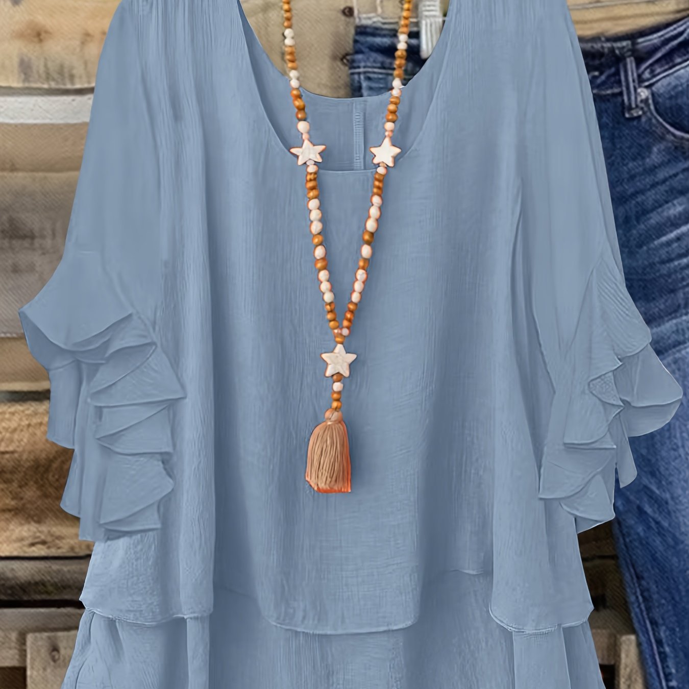 TEMU Plus Size, Spring/autumn New Arrival Round Neck Plus Size Long Sleeve Women's Casual Loose Flared Sleeve Fashionable Elegant Commuter Vacation