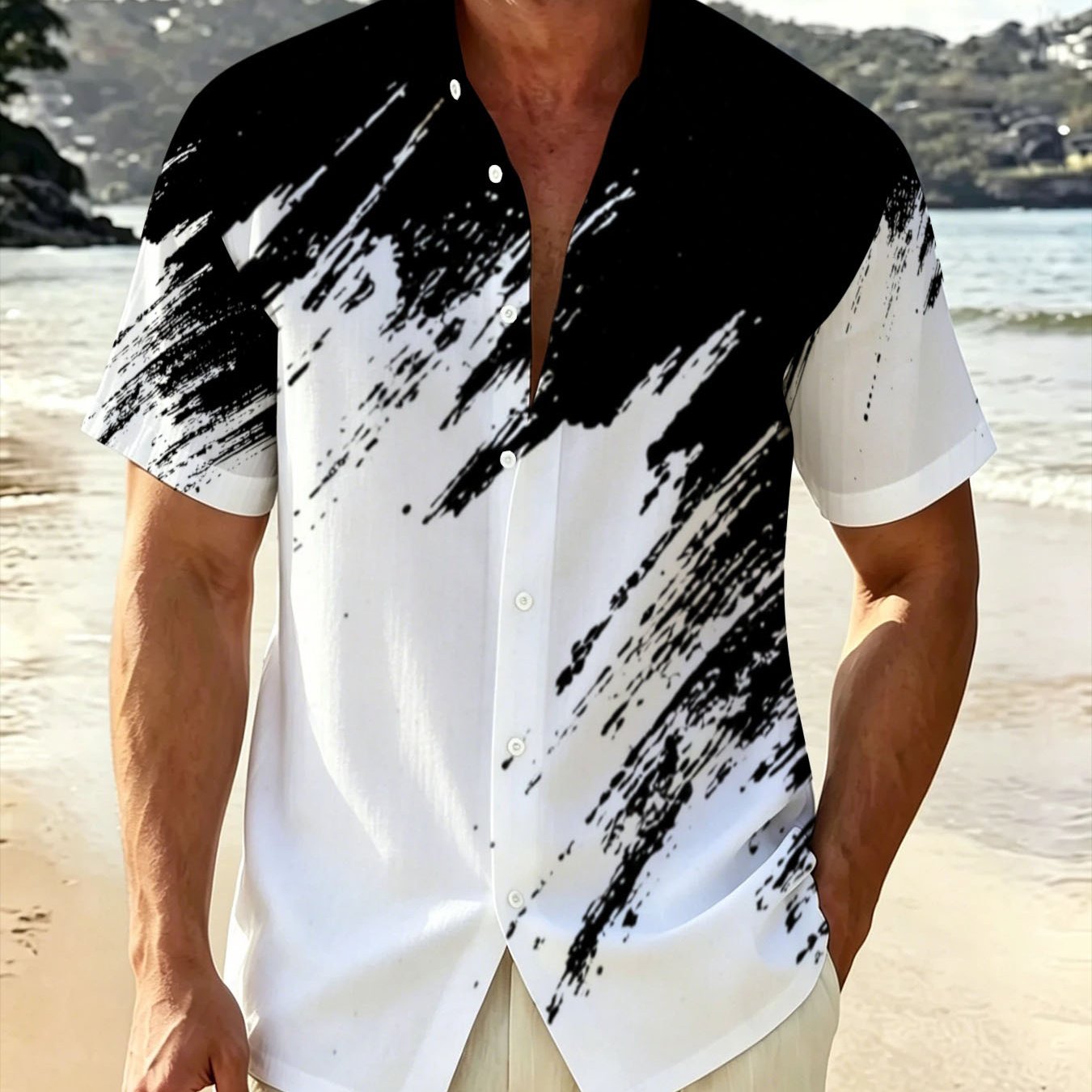 TEMU Men's Summer Short-sleeved Shirt, Trendy Black And White Graffiti Print, , Plus Size