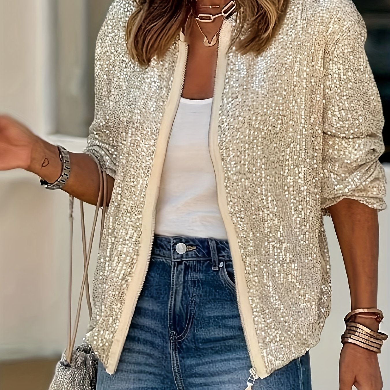 Women's Elegant Sequin Zipper Jacket Top