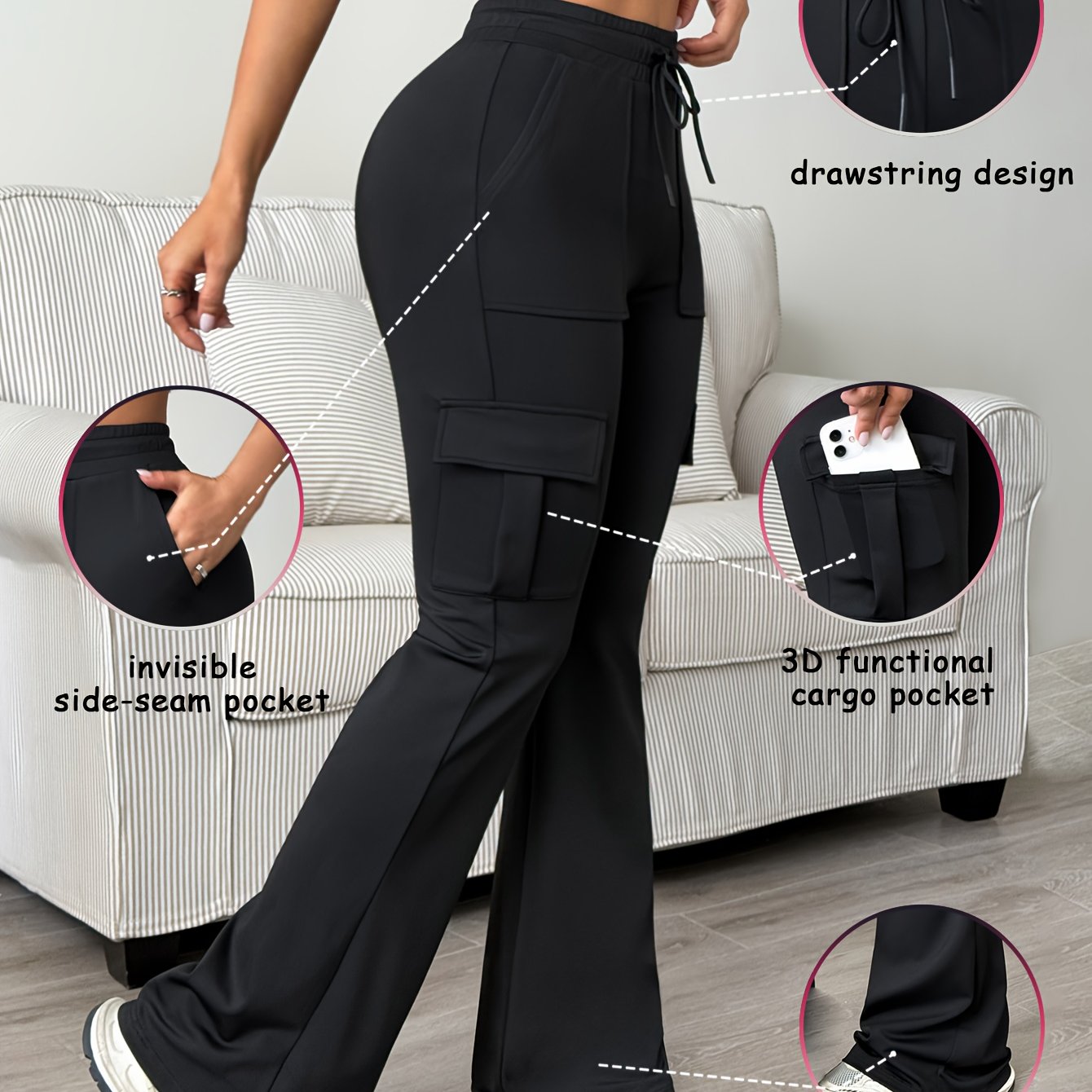 TEMU Women's Athletic Cargo Jogger Pants With Multi-functional Cargo Pocket & Slim-fit Ankle Design - Workout Running Gym Pants With Drawstring Waist