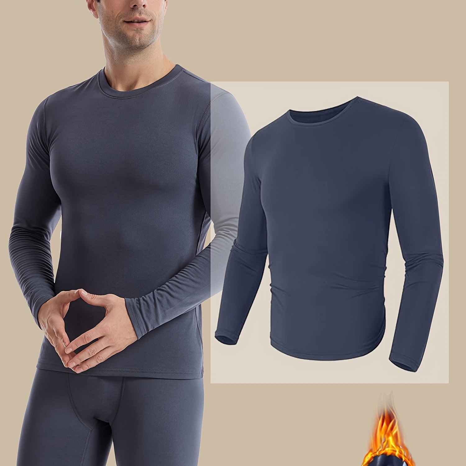 TEMU Men's Thermal Activewear Top - Long Sleeve, Crew Neck, Stretch Fit For Winter Sports, Running & Fitness - Machine Washable