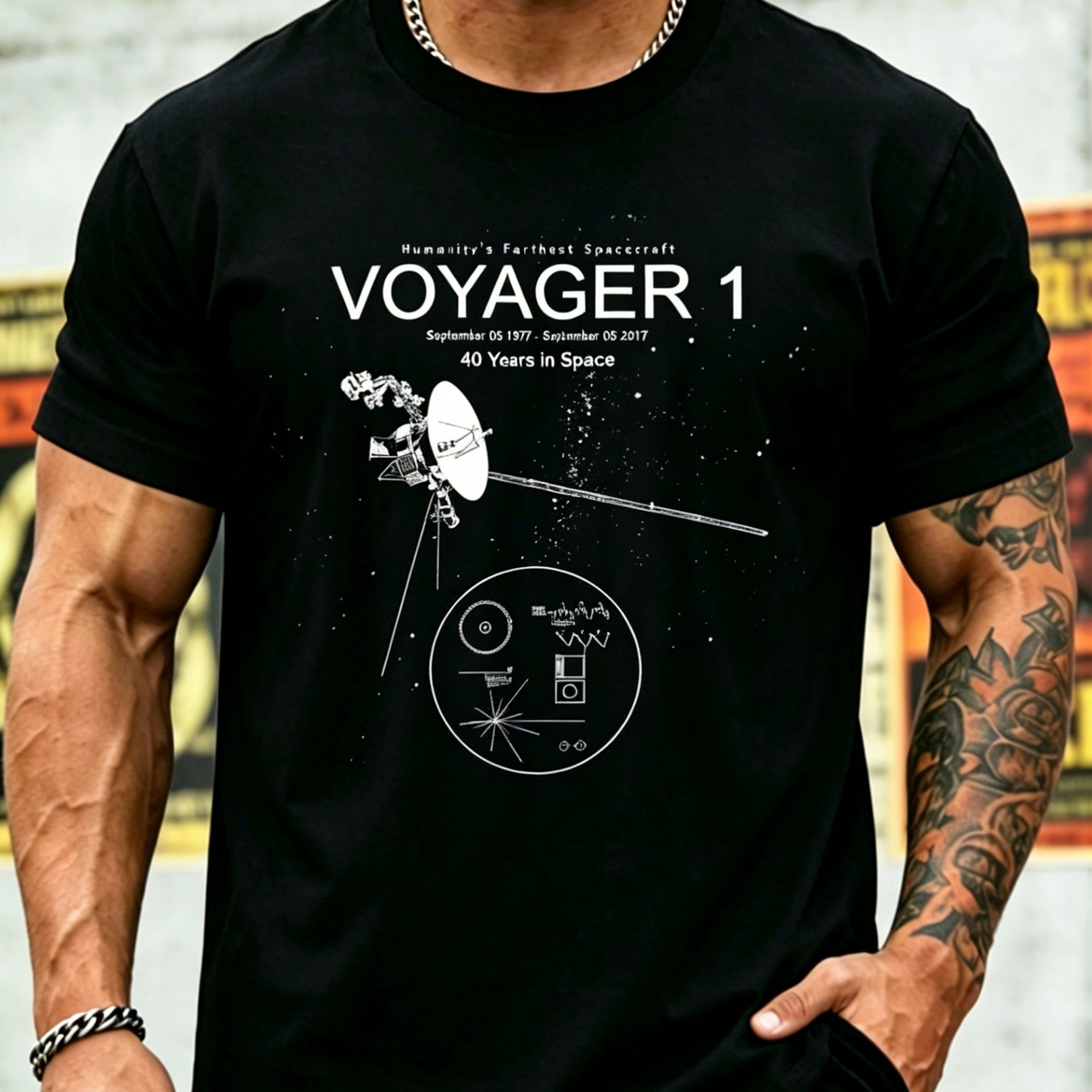 TEMU Plus Size Men's Voyager 1 40th Anniversary T-shirt- Decorated With A Spaceship Pattern, A Astronomy Enthusiasts, Space-themed Party