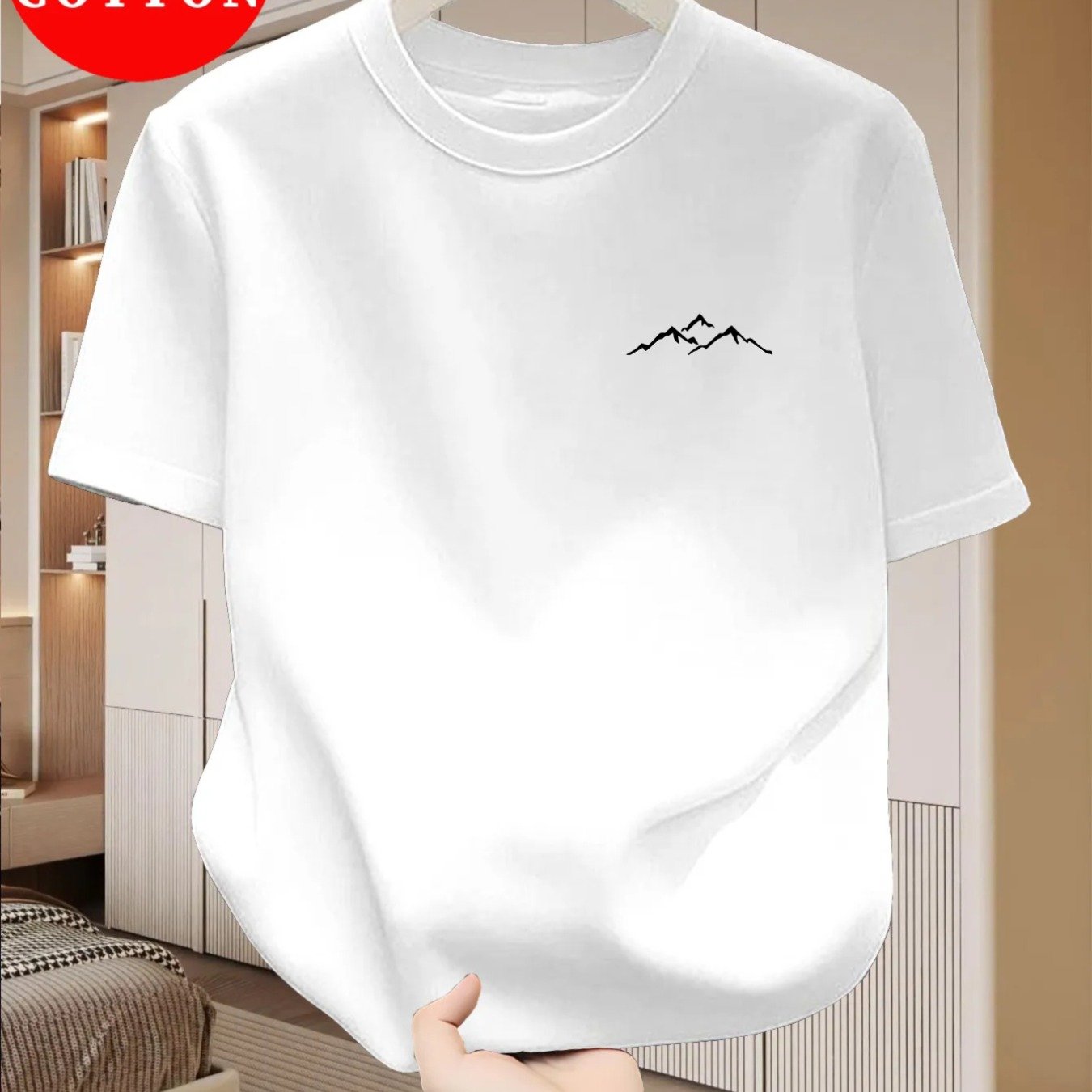 100% Men's T-shirt, Collection, Short Sleeve Slim Neck Solid Color Top, Easy And Versatile Casual Base Layer, Fashionable, Elegant, And Mountain Pattern