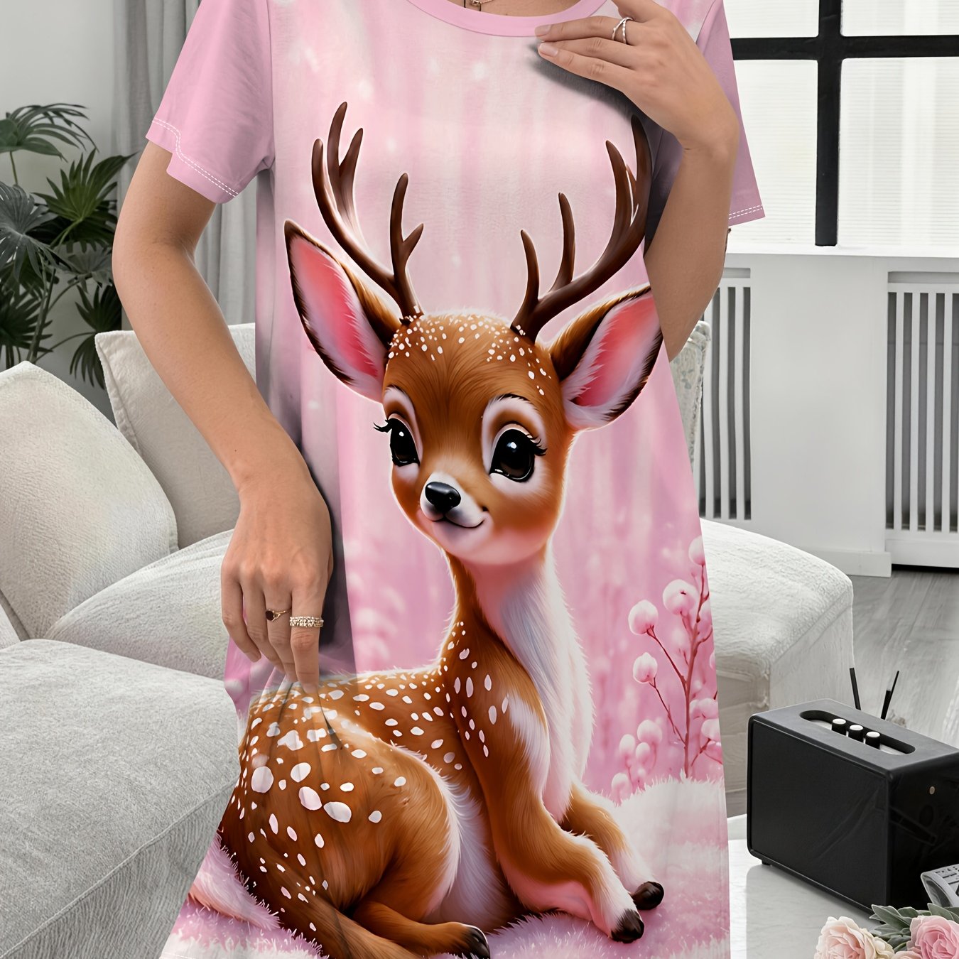 TEMU Halloween Women's Casual For Home Nightgown, Pink Deer Cartoon Casual Nightgown, Comfortable For , Ladies' Nightdress, Elegant Women's Clothing