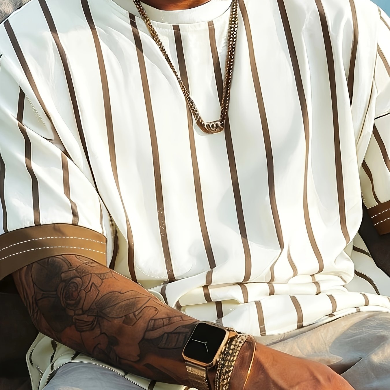 TEMU [printed Design - Non-textured] 2026 's Casual Flat Print T-shirt, Featuring A Base With Light Brown Vertical Stripes And Contrasting Cuff Print