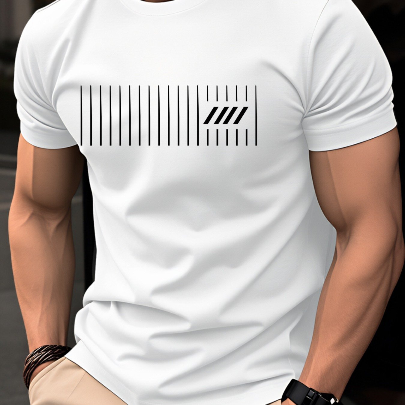 100% Cotton Men's T-shirt, Summer Short Sleeve Slim Fit Round Neck Top, Trendy Fashion Youth Casual Versatile Daily , Simple Vertical Stripe Geometric , Stylish Elegant Personality Fun